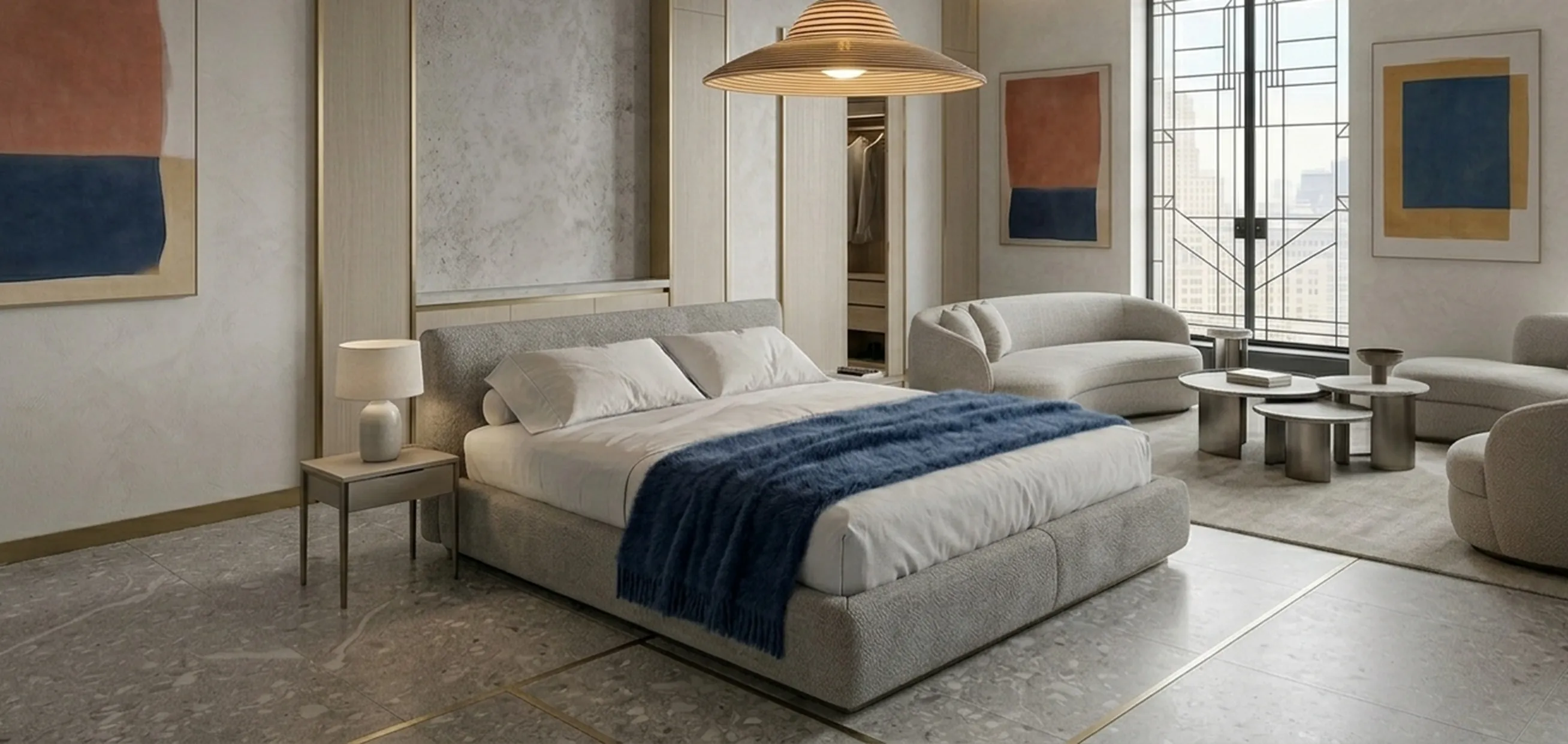 एंटोनियो लटकता हुआ दीपक एक सुंदर शयनकक्ष में