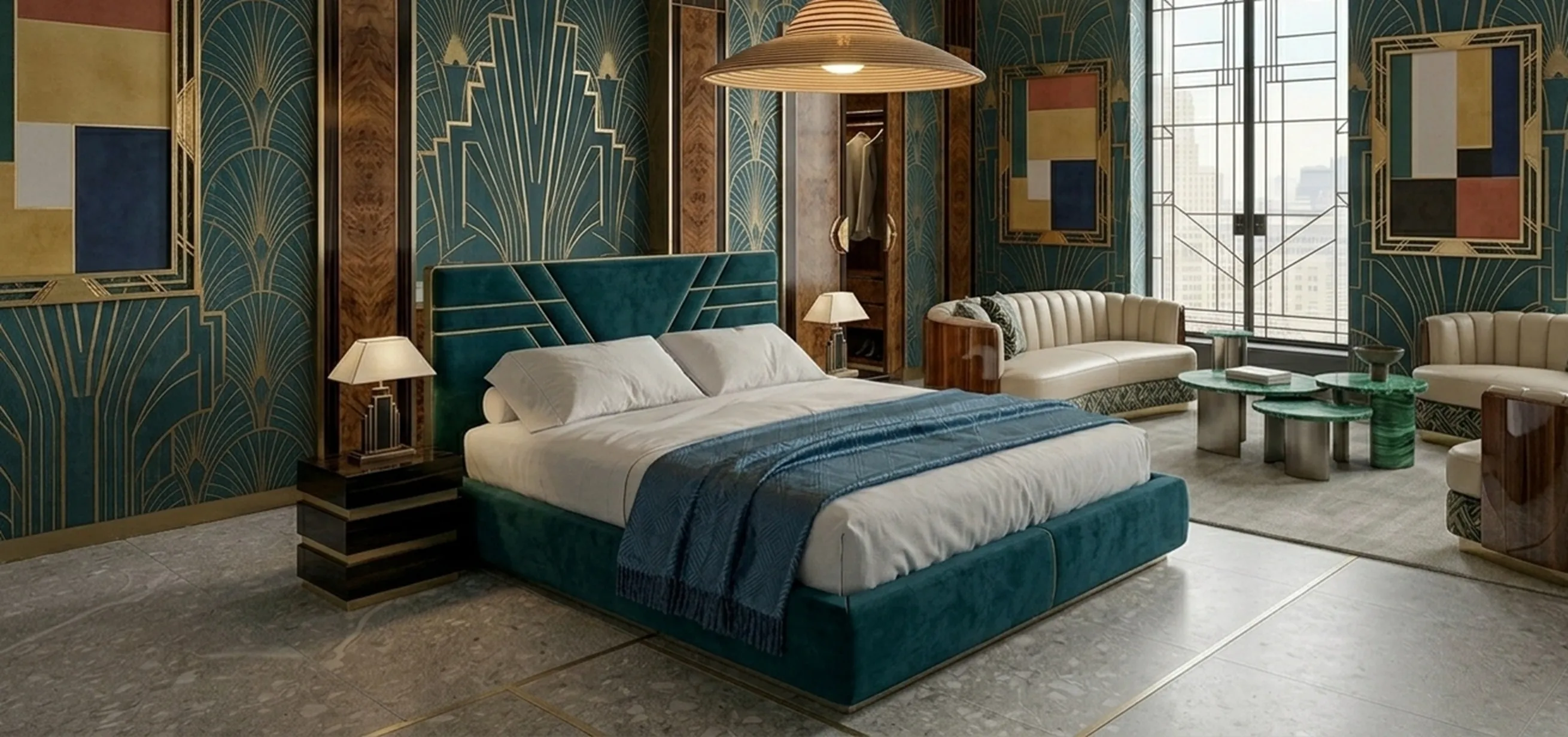 lampada a sospensione antica sopra un letto decorativo con pareti in stile art déco