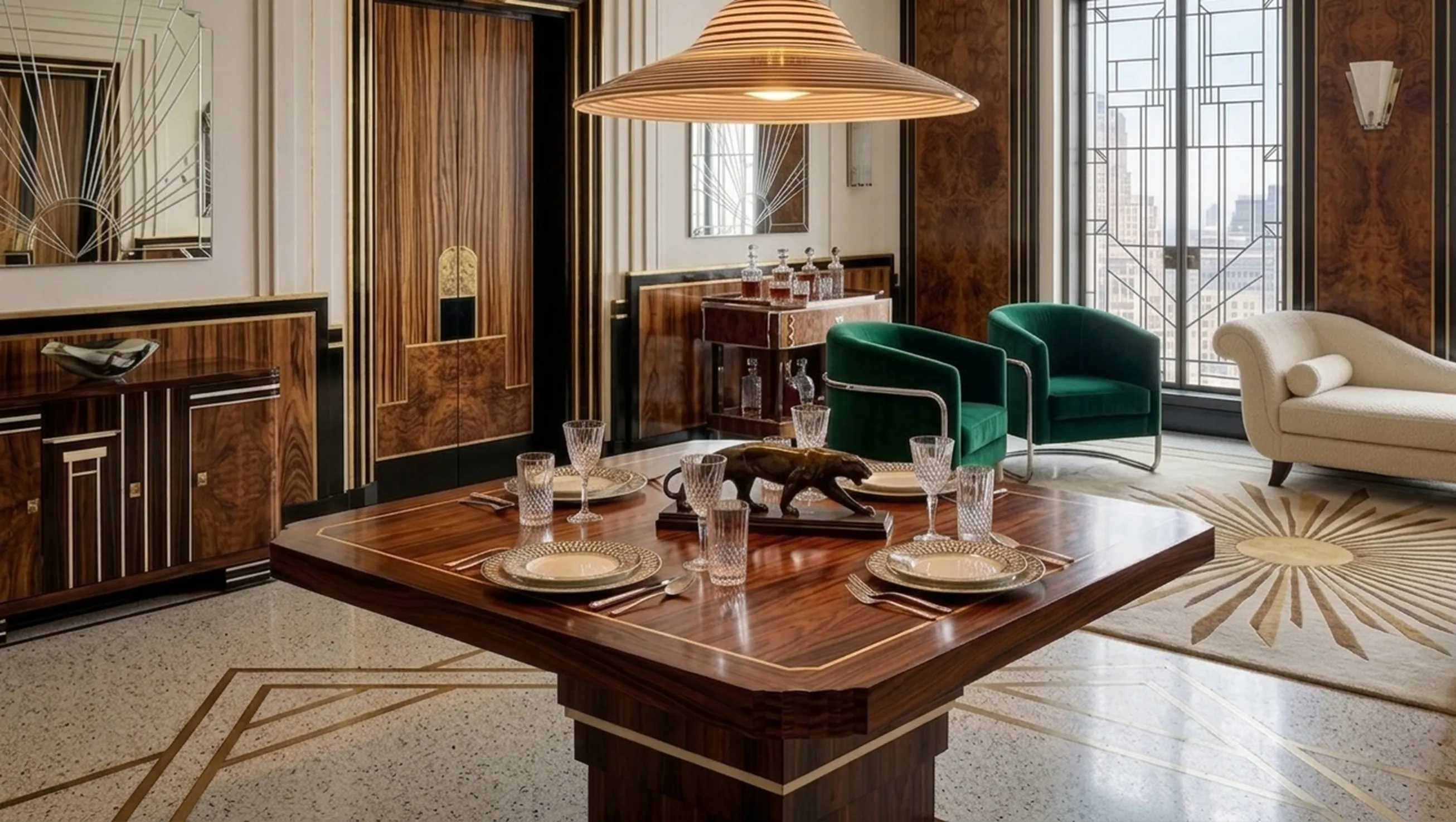 Lámpara de techo antigua con diseño elegante en un comedor con muebles finos