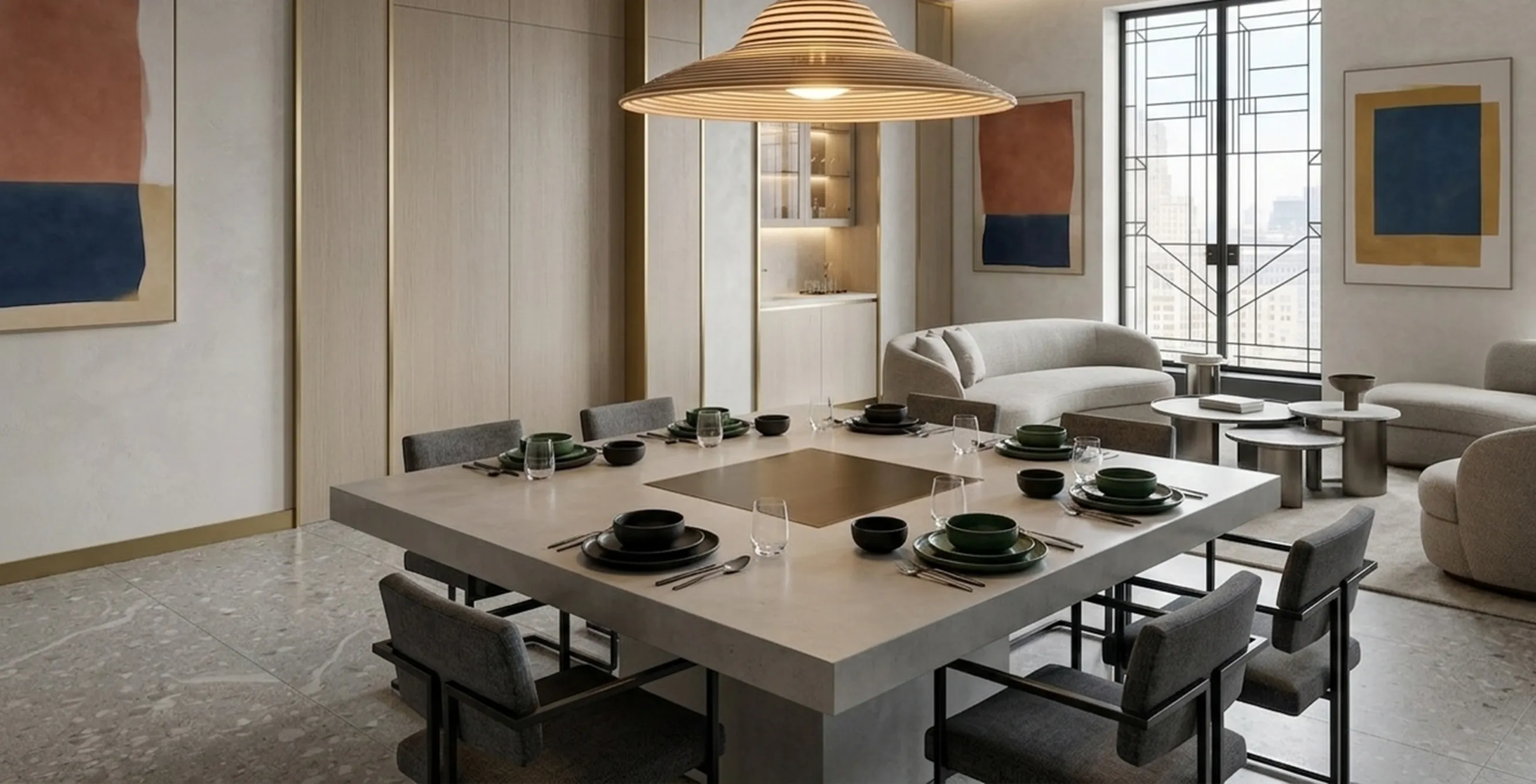 antique hanging lamp in a modern living room with a square table and chairs.