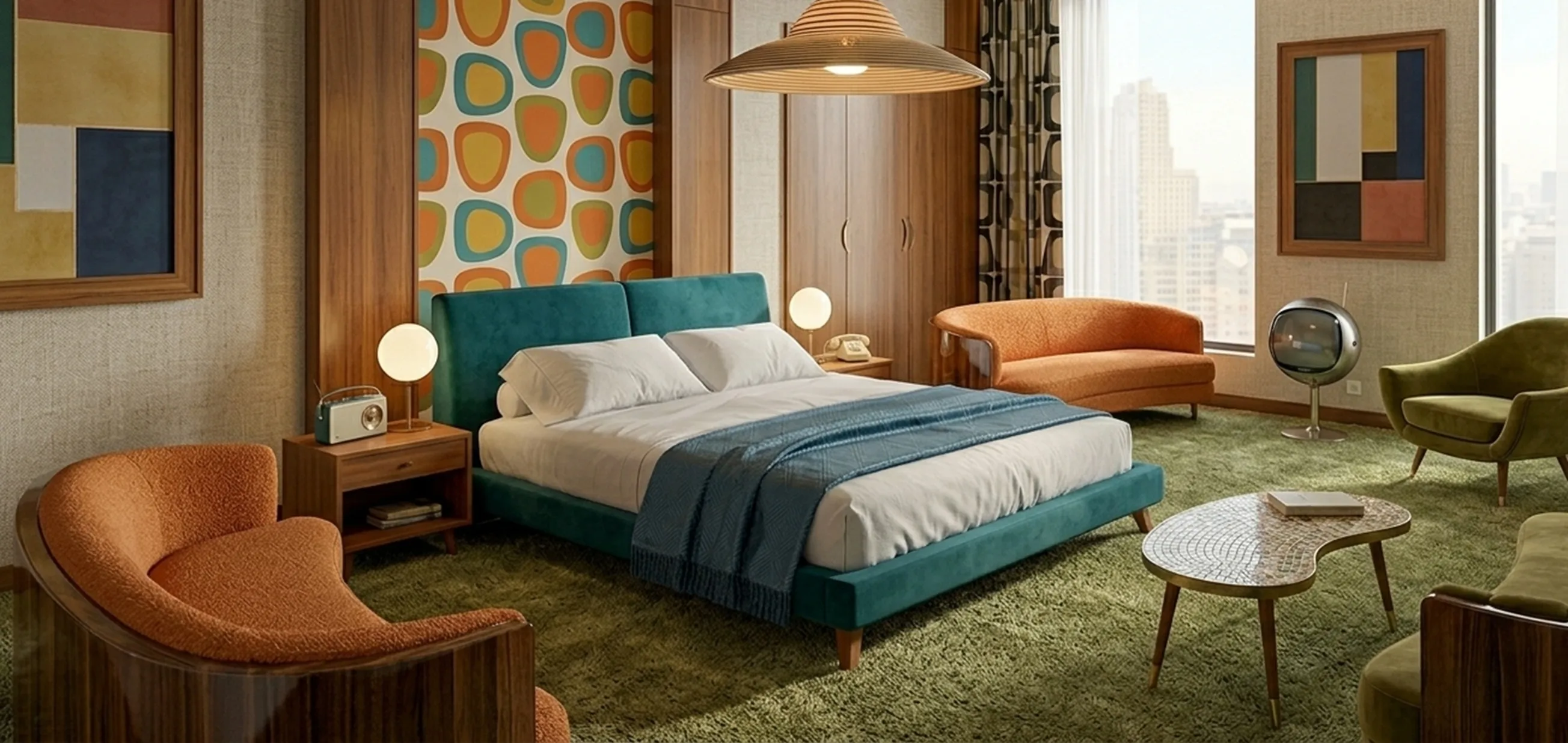 Antique hanging lamp illuminating a modern bedroom