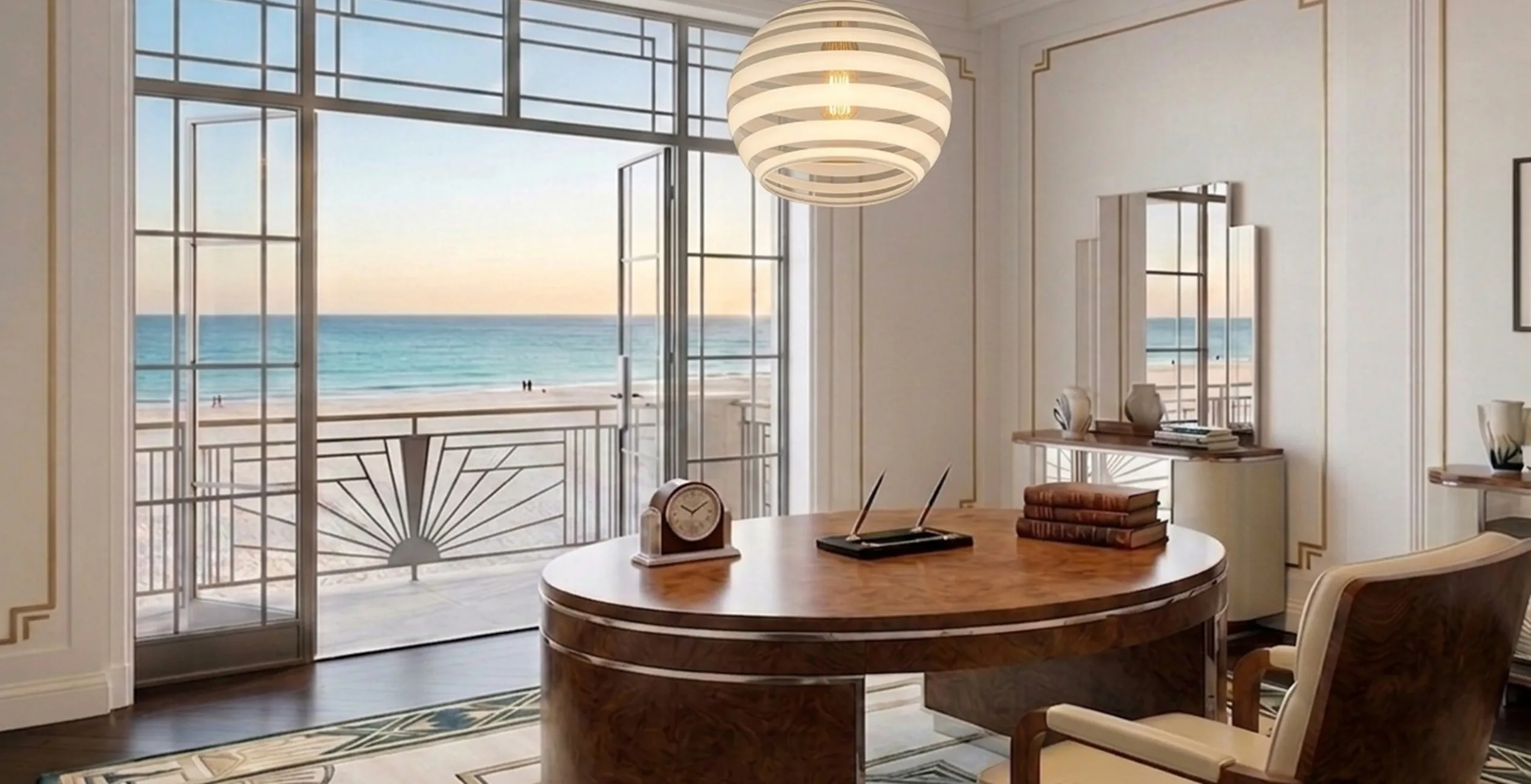 Lámpara de techo antigua con diseño elegante en una habitación luminosa junto a la playa.