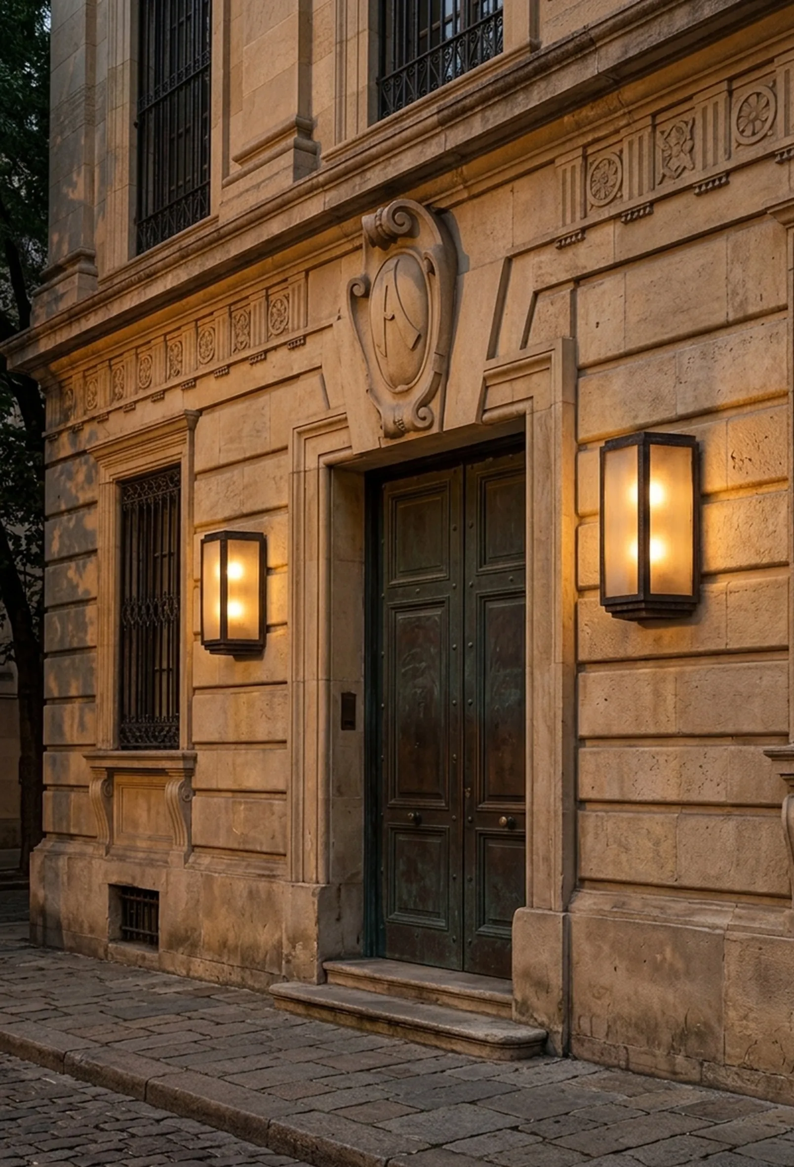 Par de luminárias antigas iluminando uma entrada