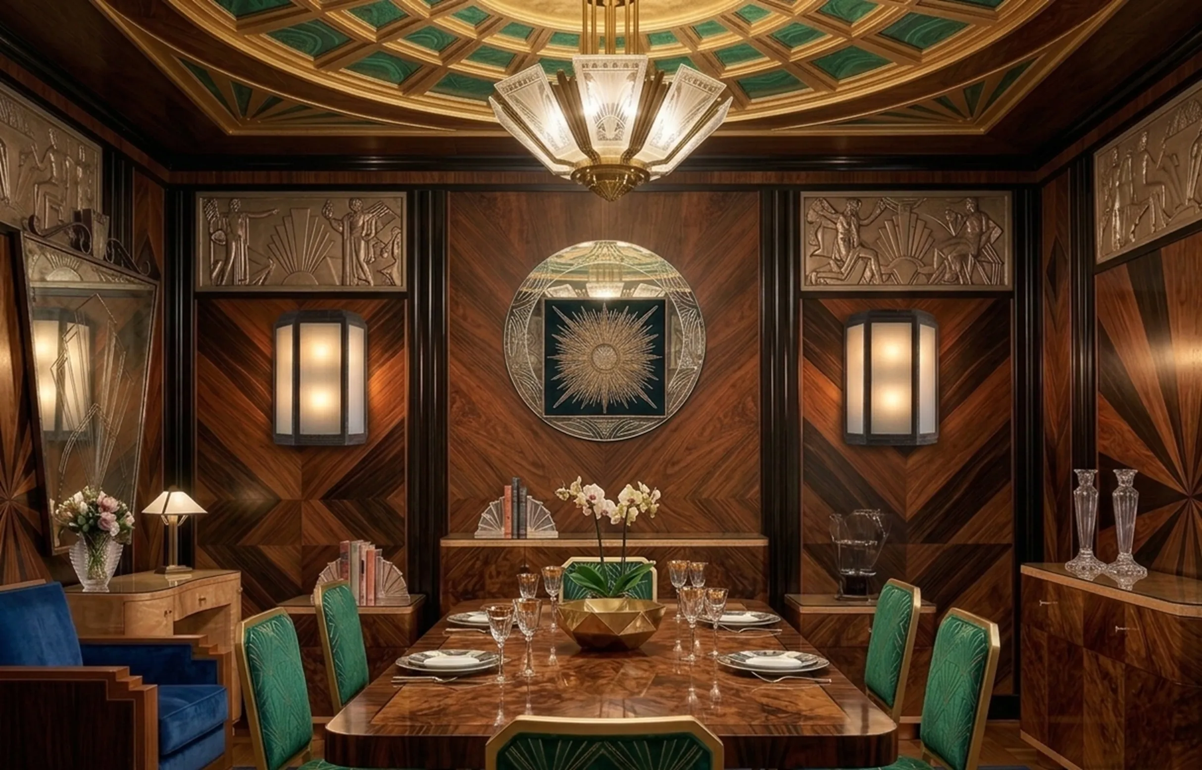 Antique sconces in an elegant dining room with rich decor.