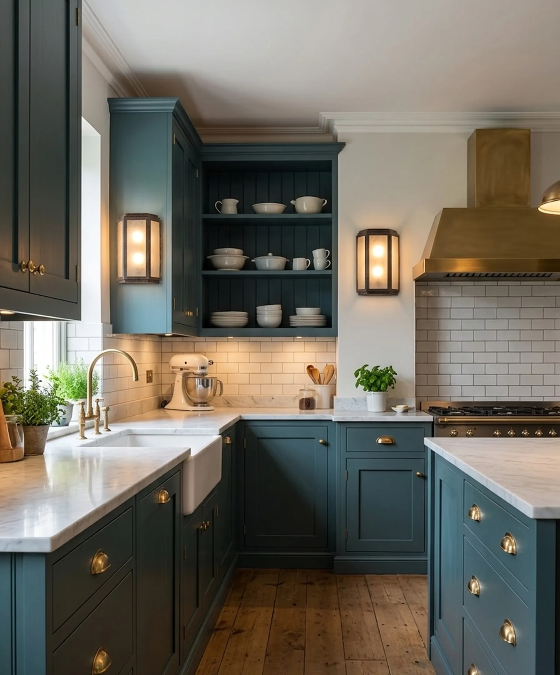 Antiguos apliques en una cocina con muebles azules