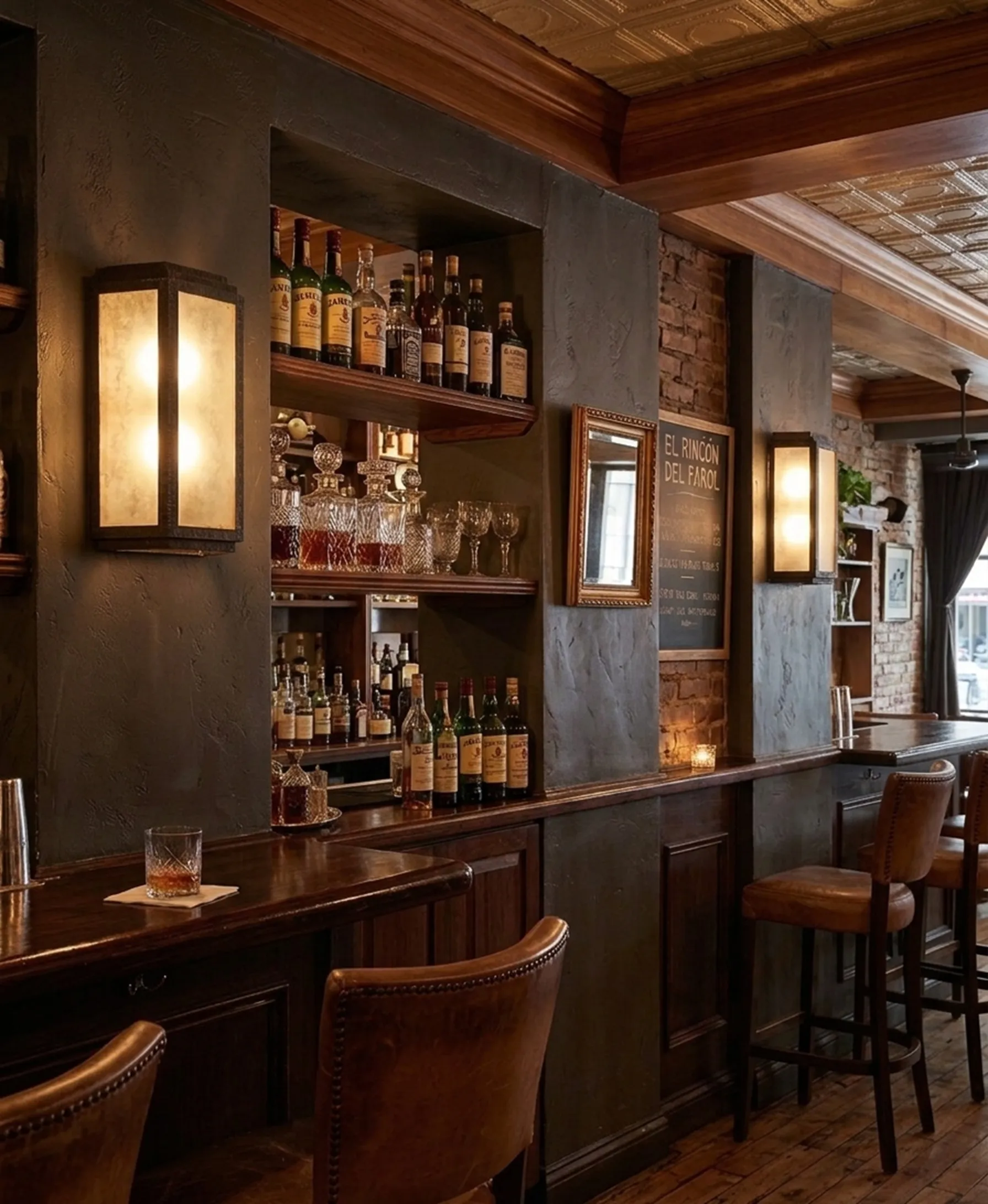 Antike Wandleuchter beleuchten eine klassische Bar.