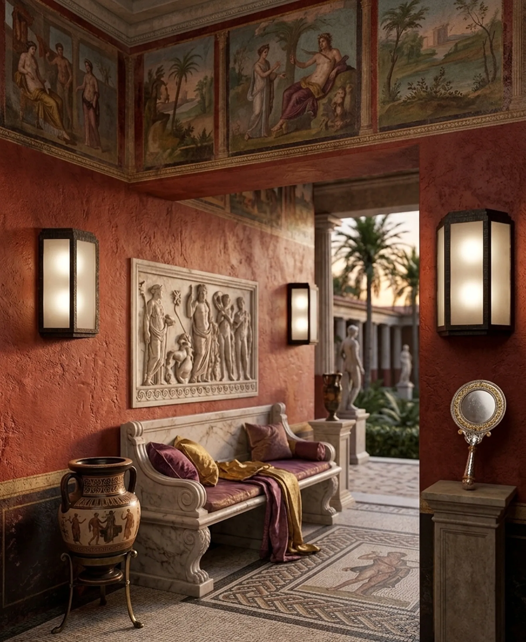 Ambiance classique avec paire d'appliques antiques, canapé et décor artistique.