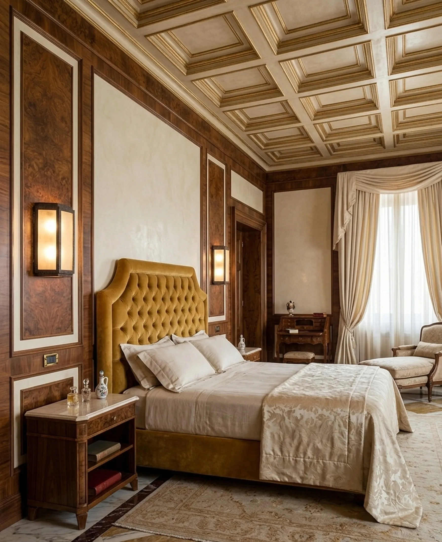 antica coppia di applique illumina una camera da letto elegante con testata dorata