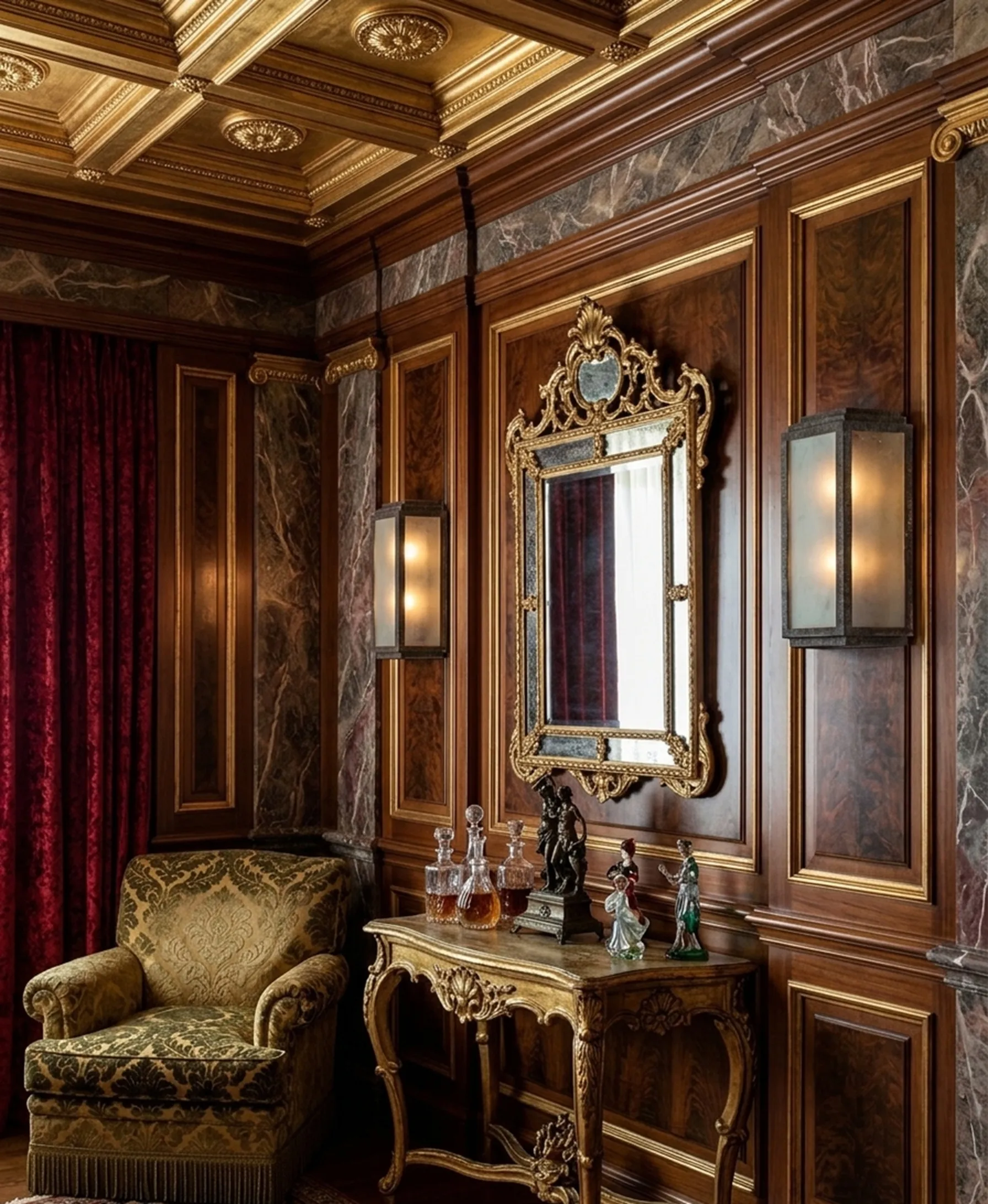 Un elegante par de apliques antiguos en un entorno clásico, junto a un espejo y una consola decorativa.