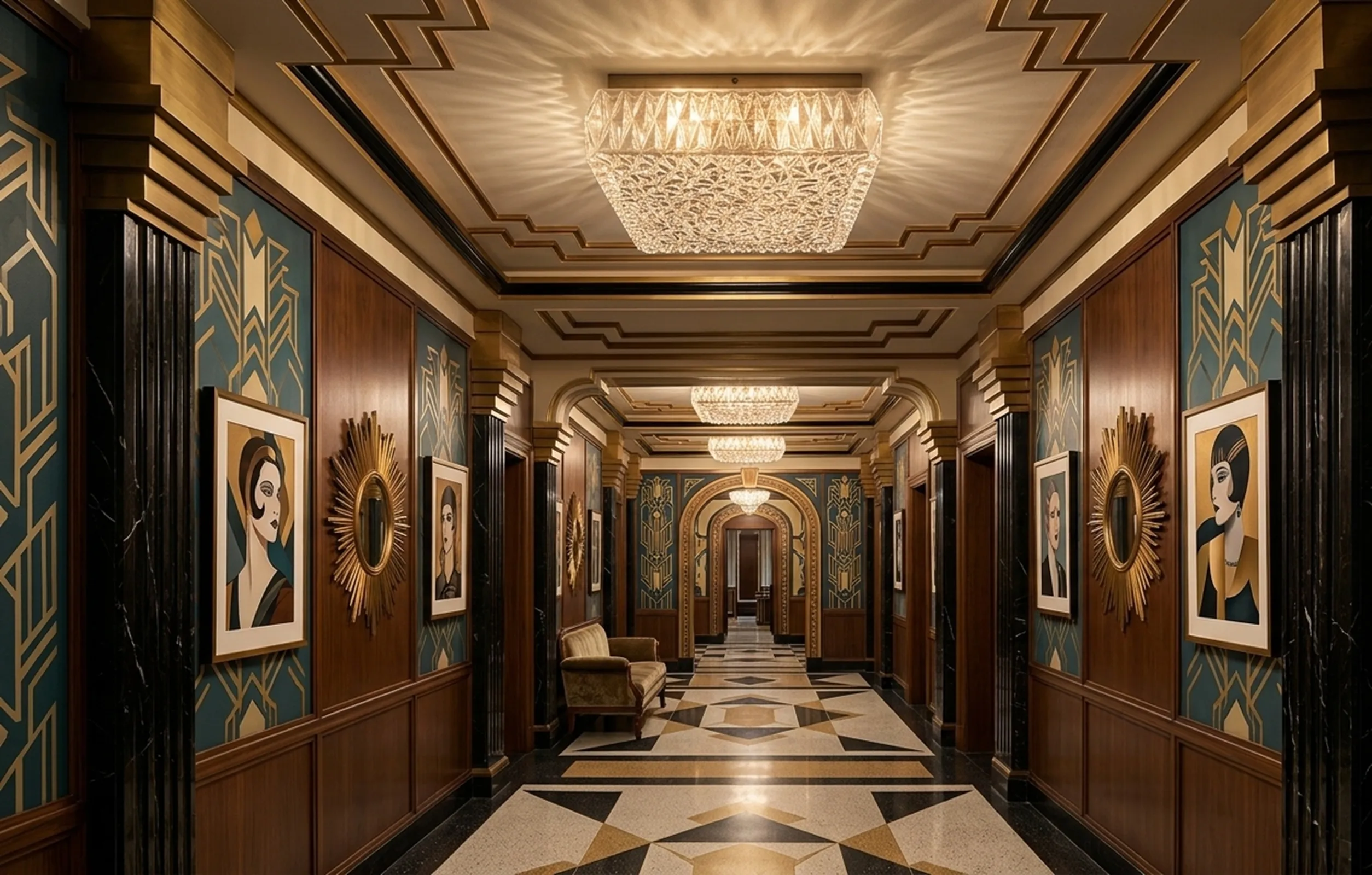 앤티크 천장 등 예술로 장식된 복도에