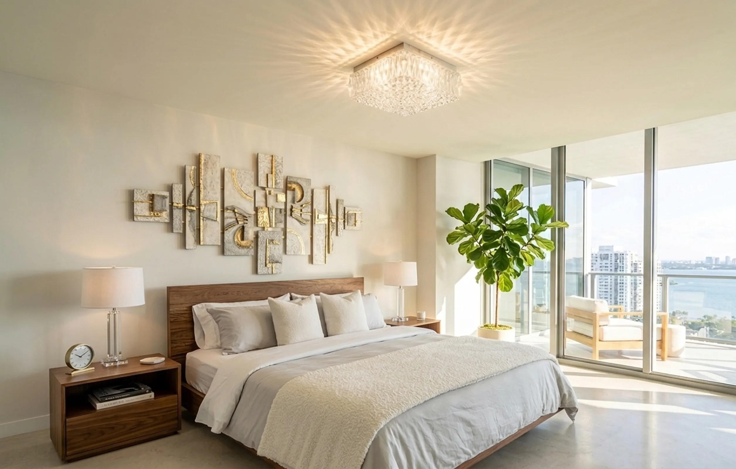 Antique ceiling light softly illuminating a modern bedroom