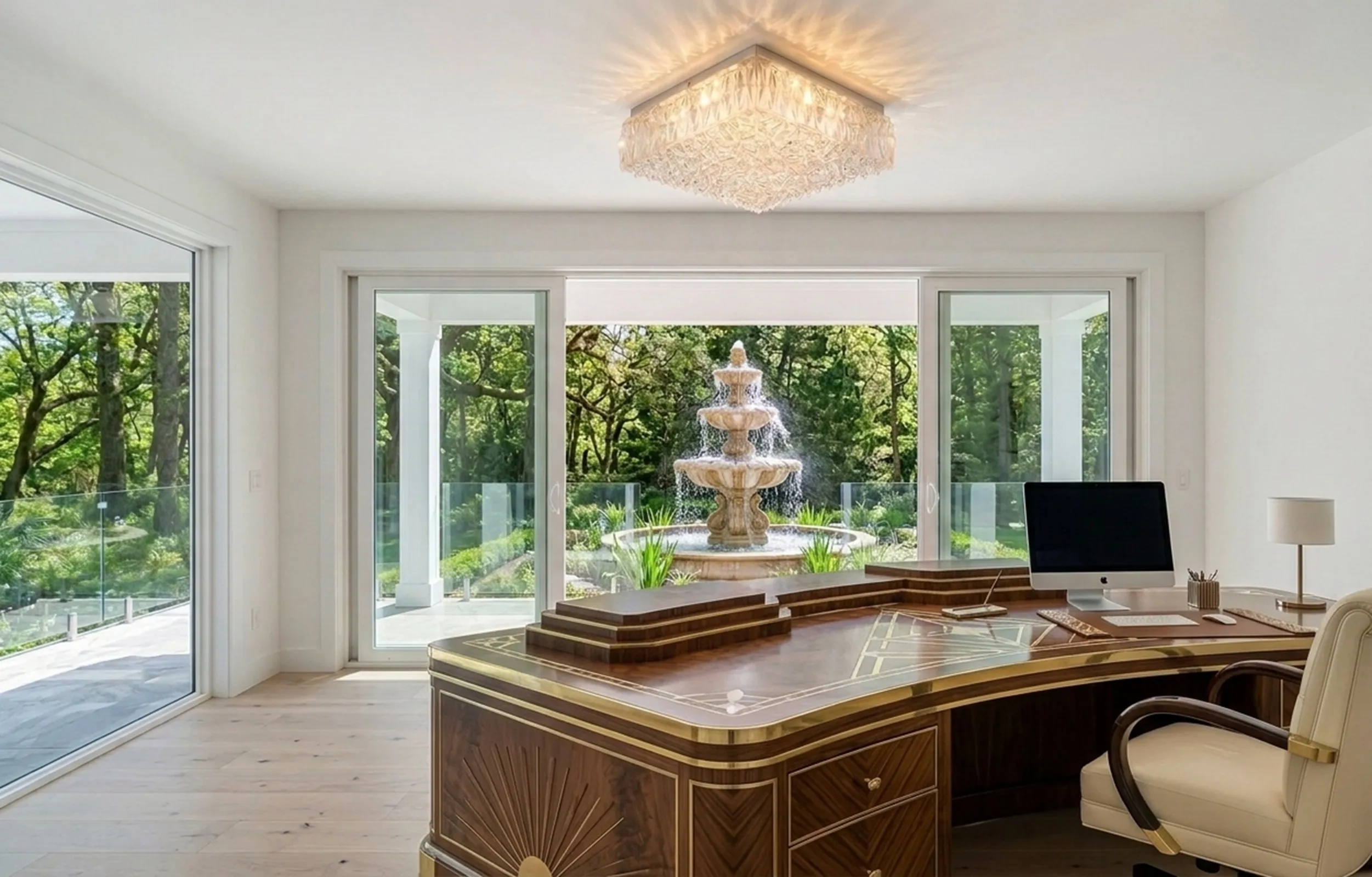 luz de teto antiga em sala com mesa e vista do jardim