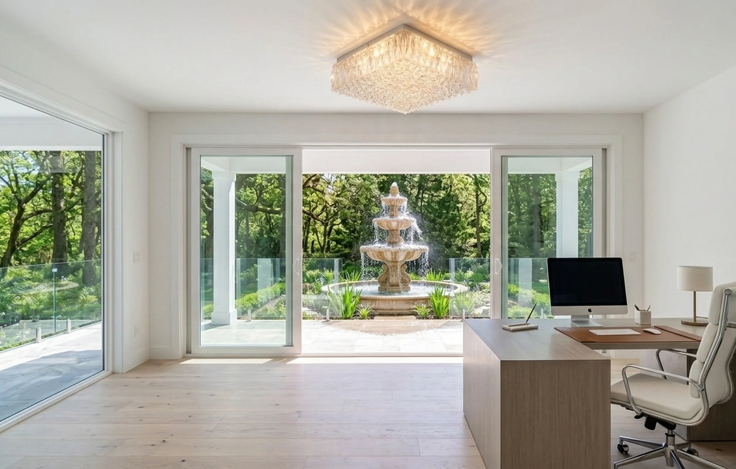 antikdeckenleuchte beleuchtet elegant ein modernes büro mit aussicht