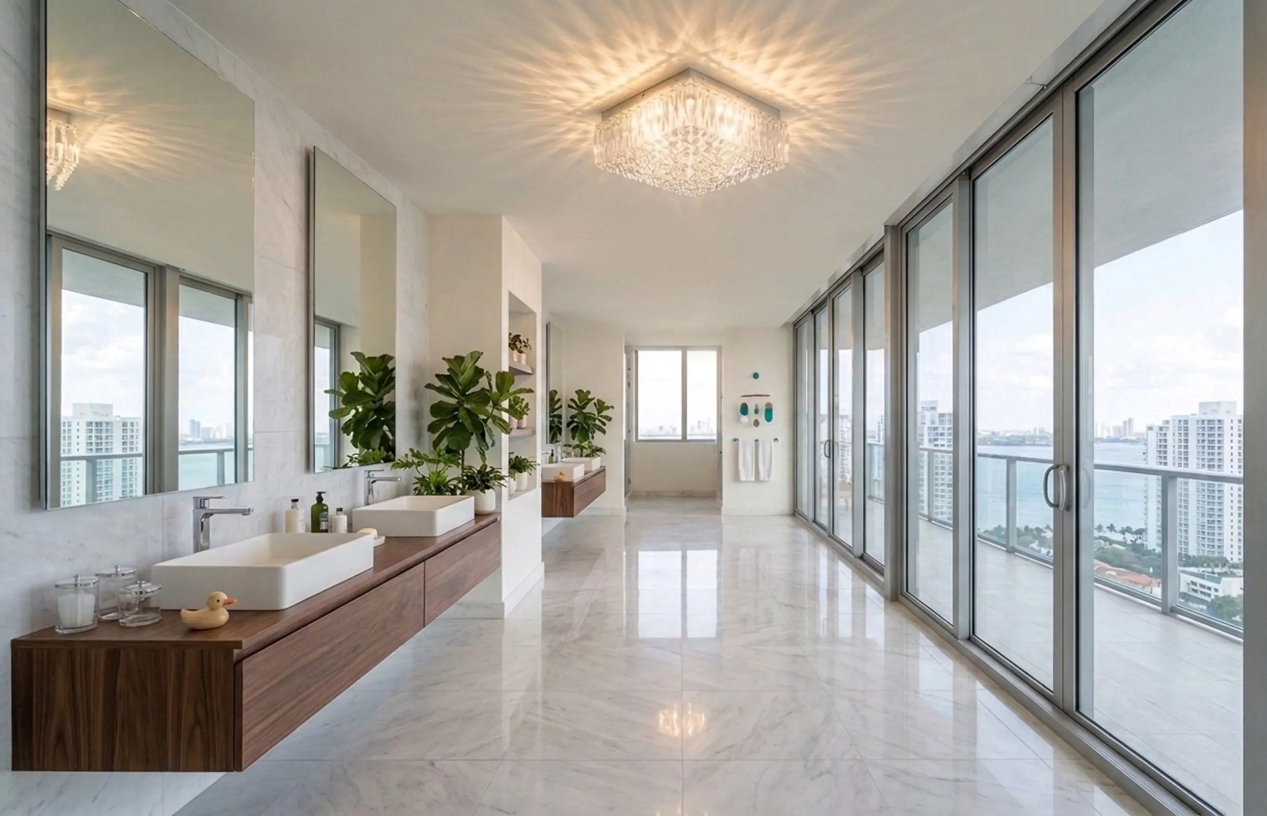 plafonnier ancien décoratif éclairant une salle de bain moderne