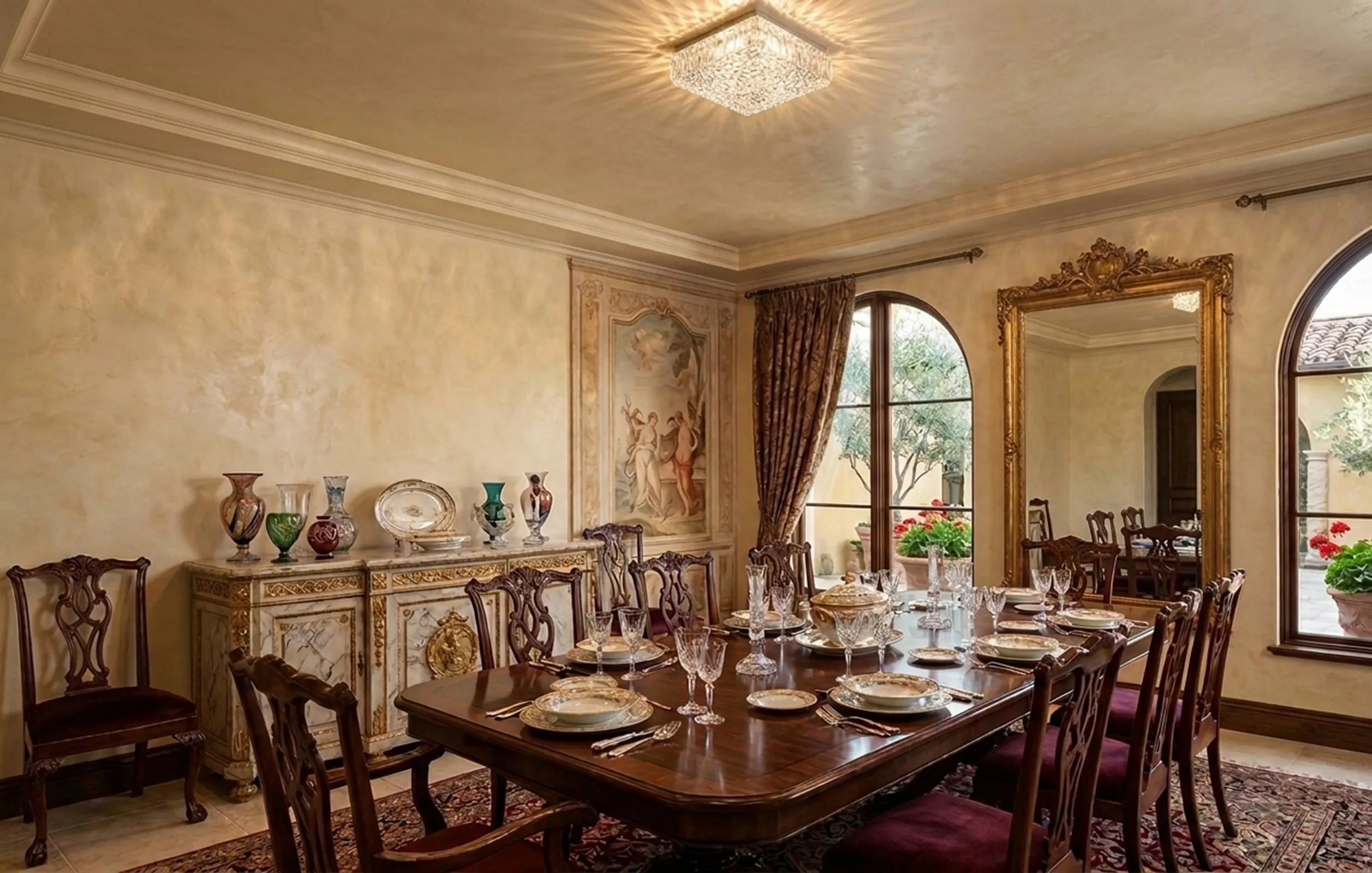 antique ceiling light illuminating an elegant dining room
