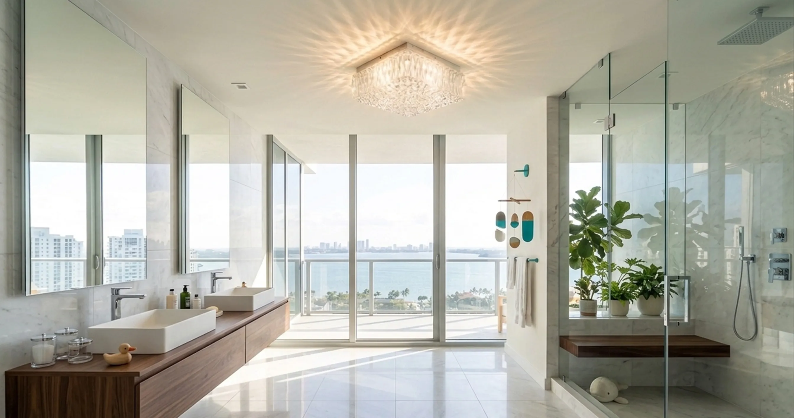 Elegante antike Deckenleuchte im Badezimmer mit sanfter Beleuchtung und Panoramablick.