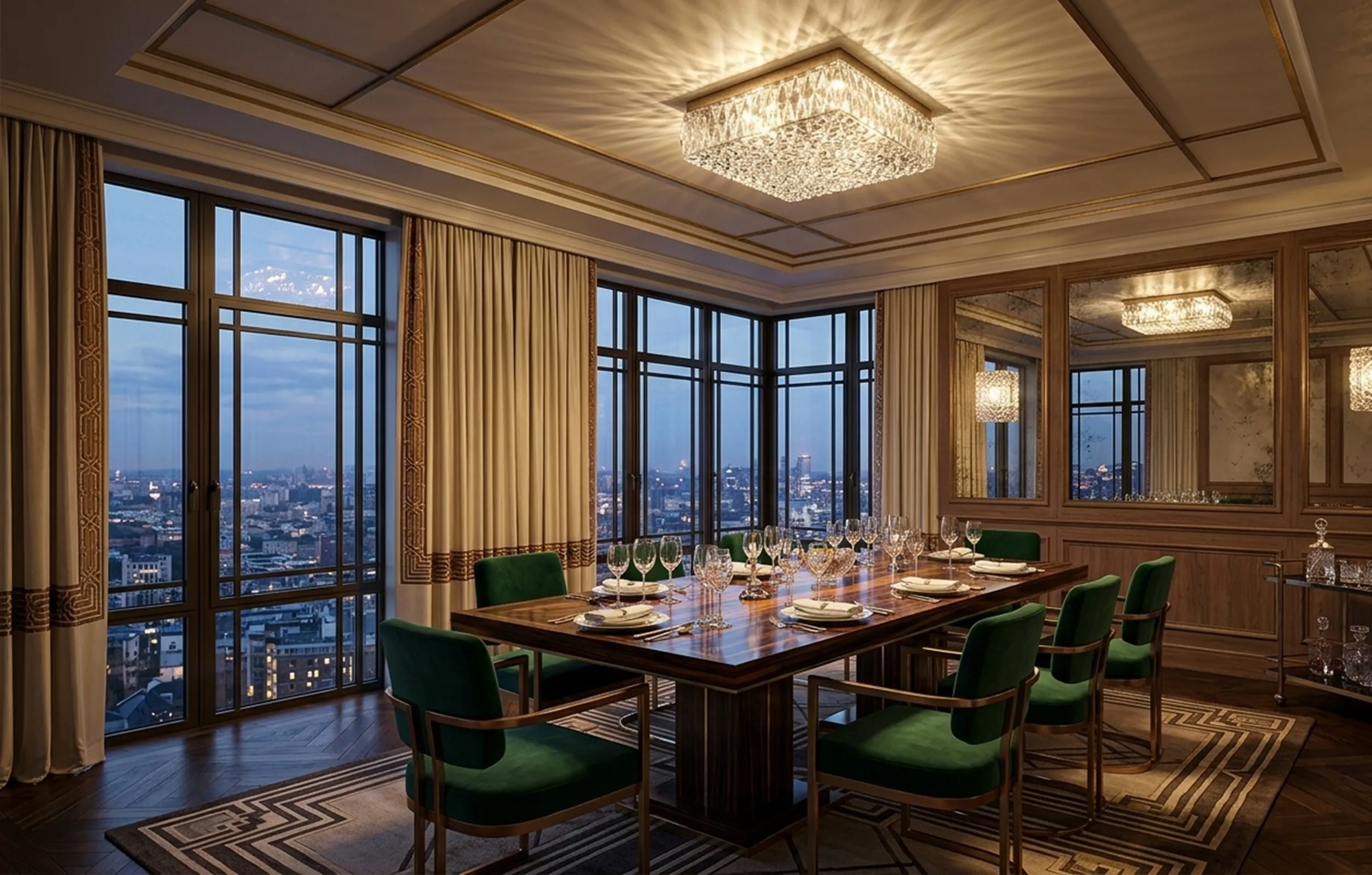 plafoniera antica che illumina una elegante sala da pranzo con vista