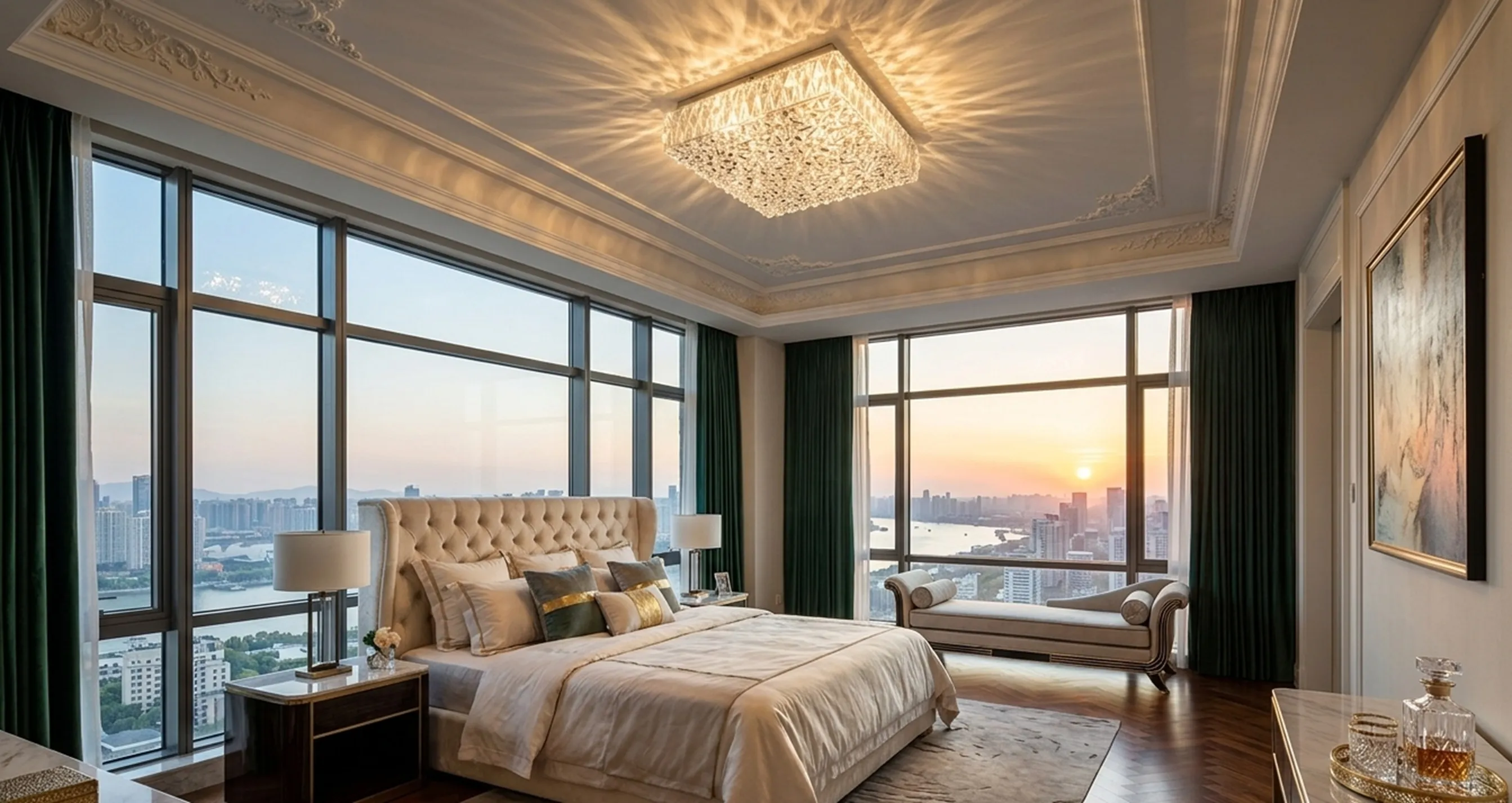 plafón antiguo elegante en dormitorio moderno con vista