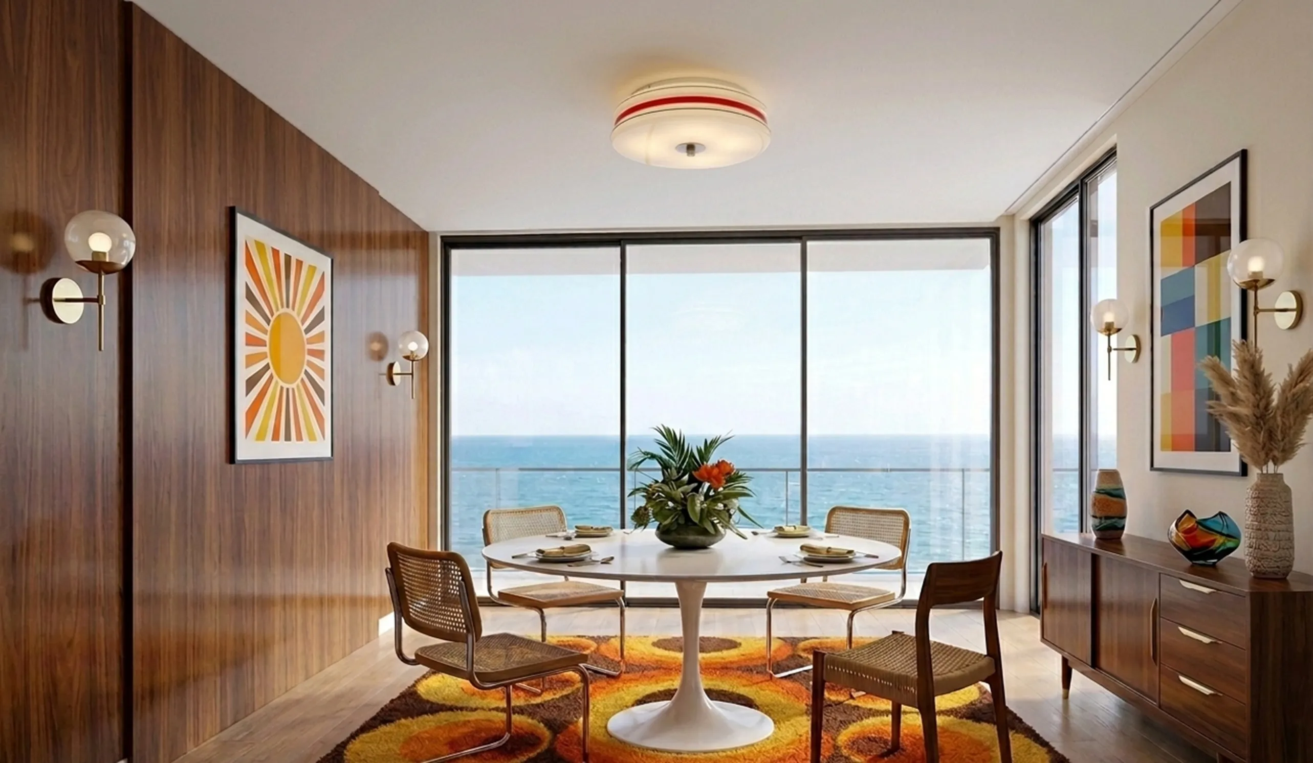 antique ceiling light with circular design and vibrant colors