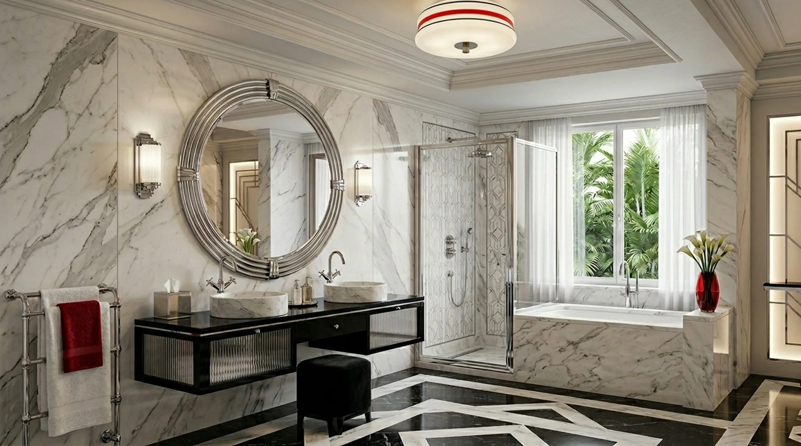 antique ceiling light casting soft glow in elegant bathroom