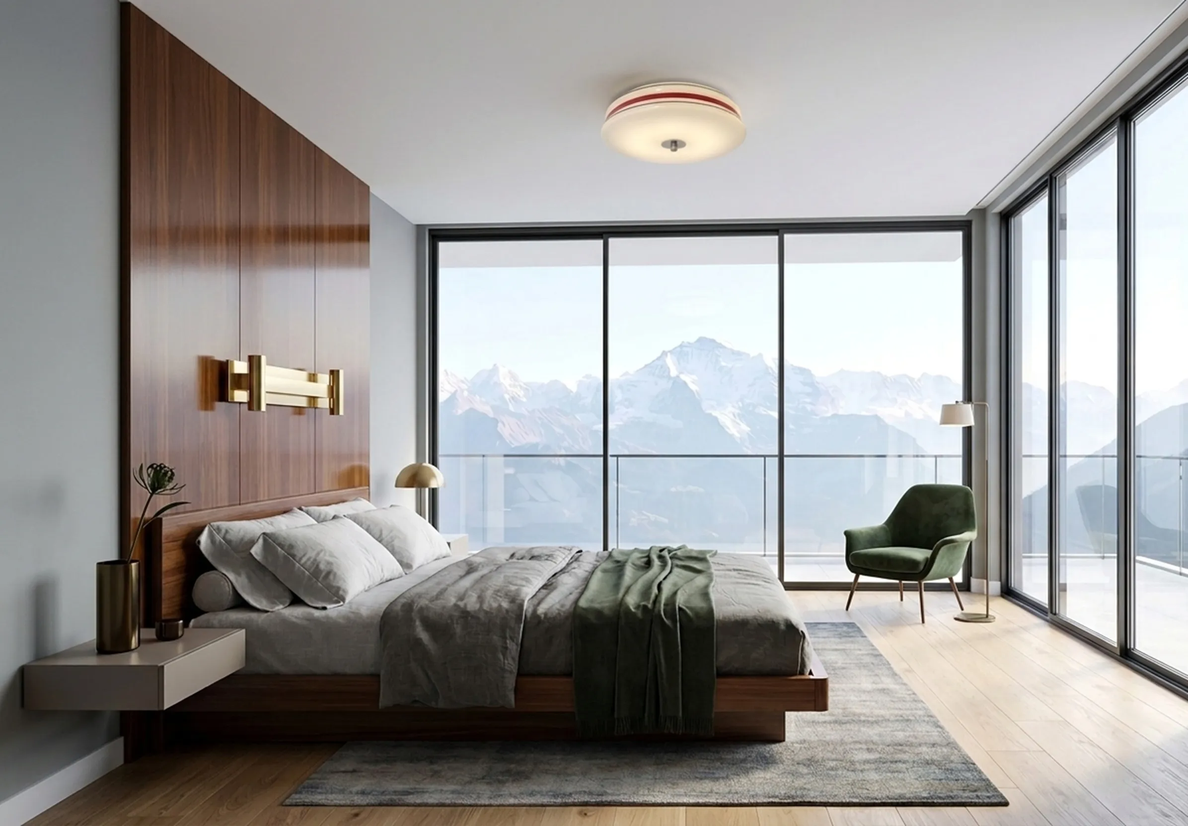 Antique ceiling light with elegant design in modern bedroom, mountain view outside.