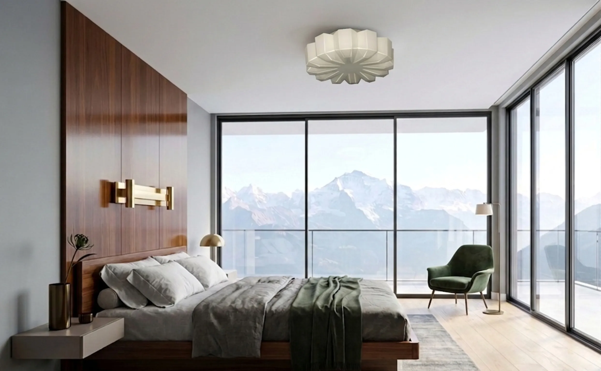 plafonnier ancien éclairant une chambre moderne avec vue