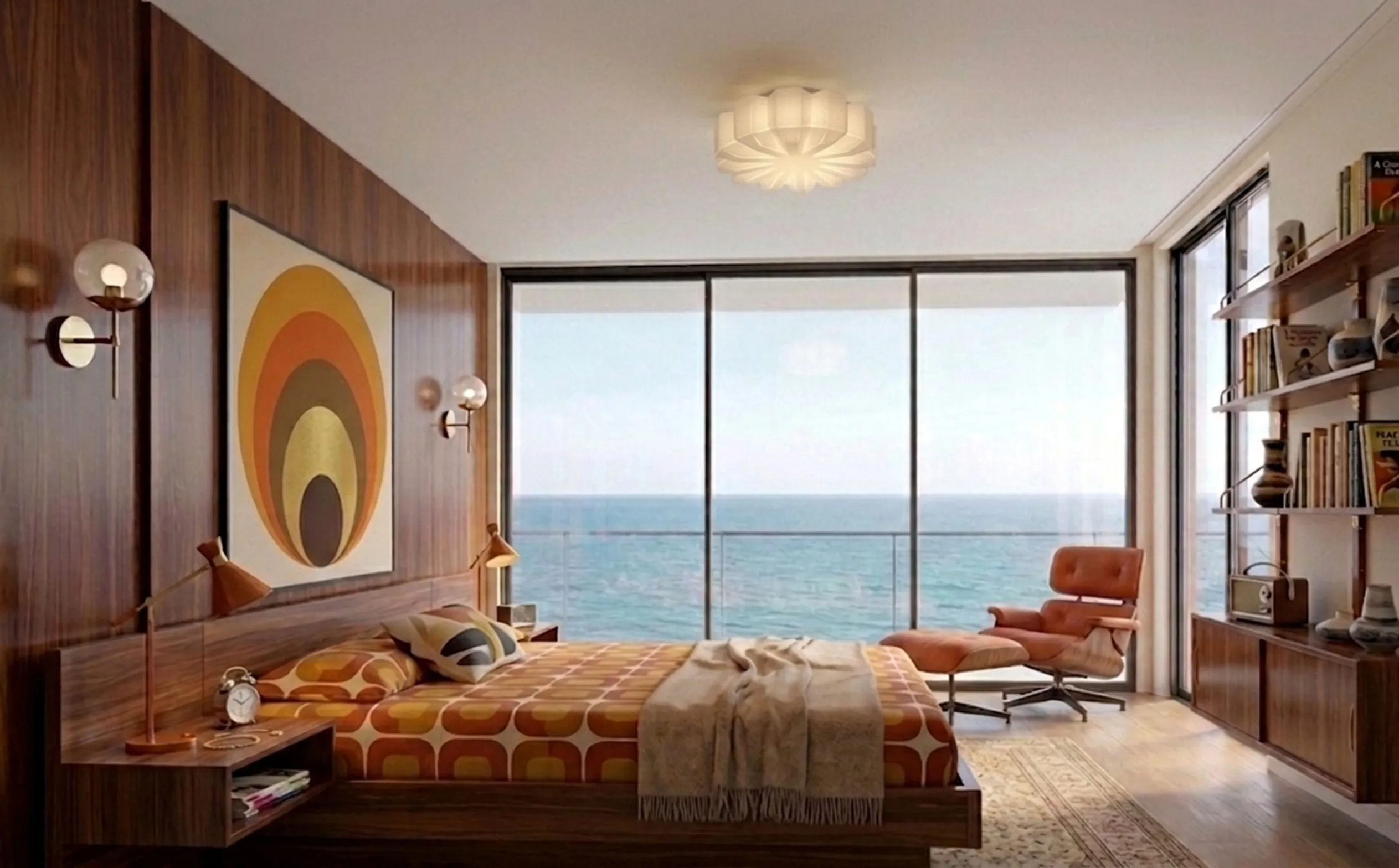 海の眺めのある部屋の古いシーリングライト