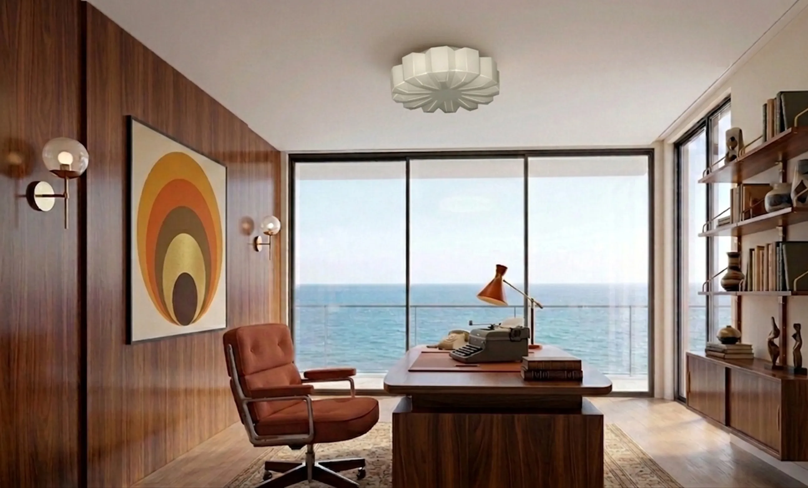 antique ceiling light in modern space with sea view