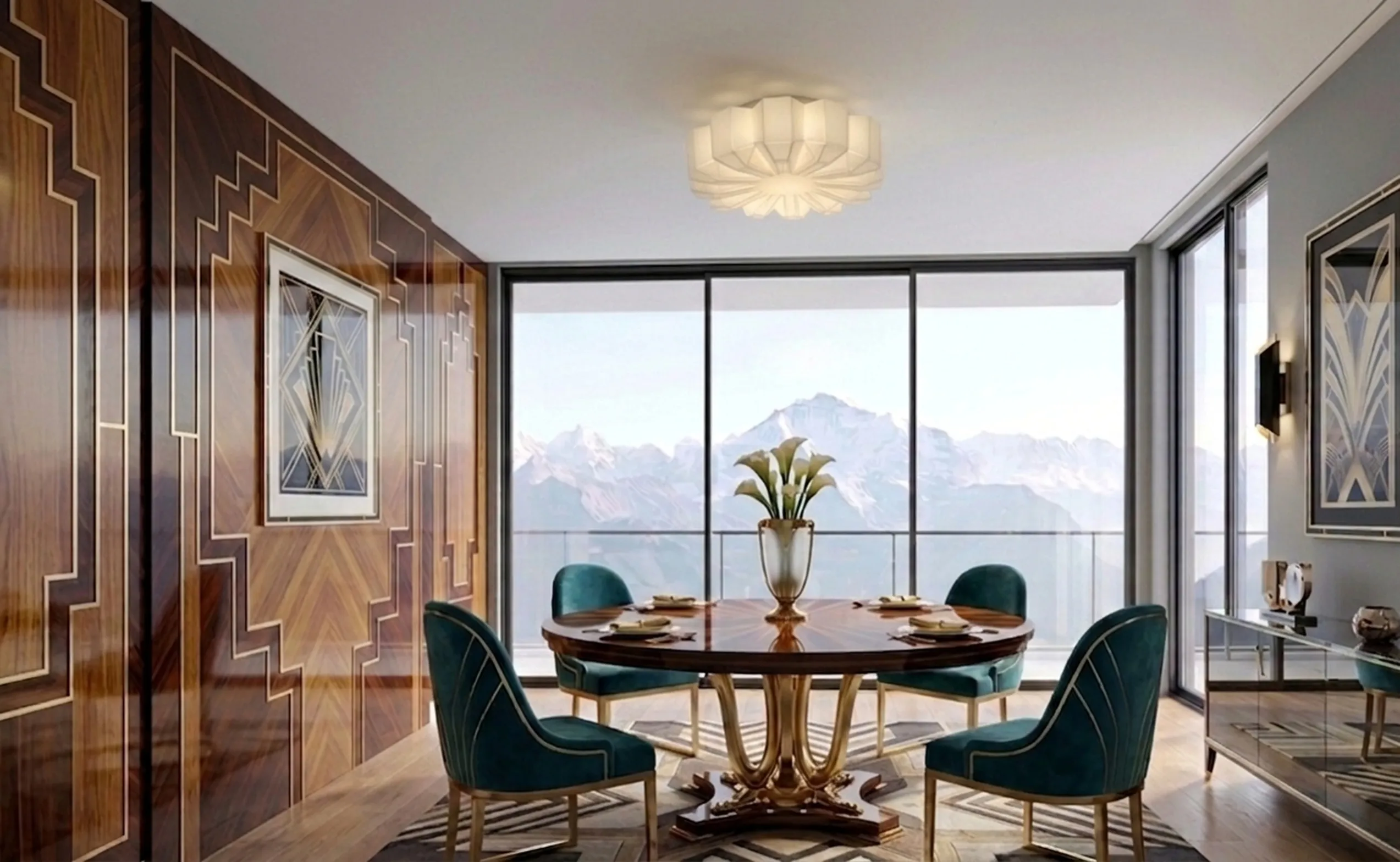 plafonnier ancien élégant dans un salon moderne avec vue