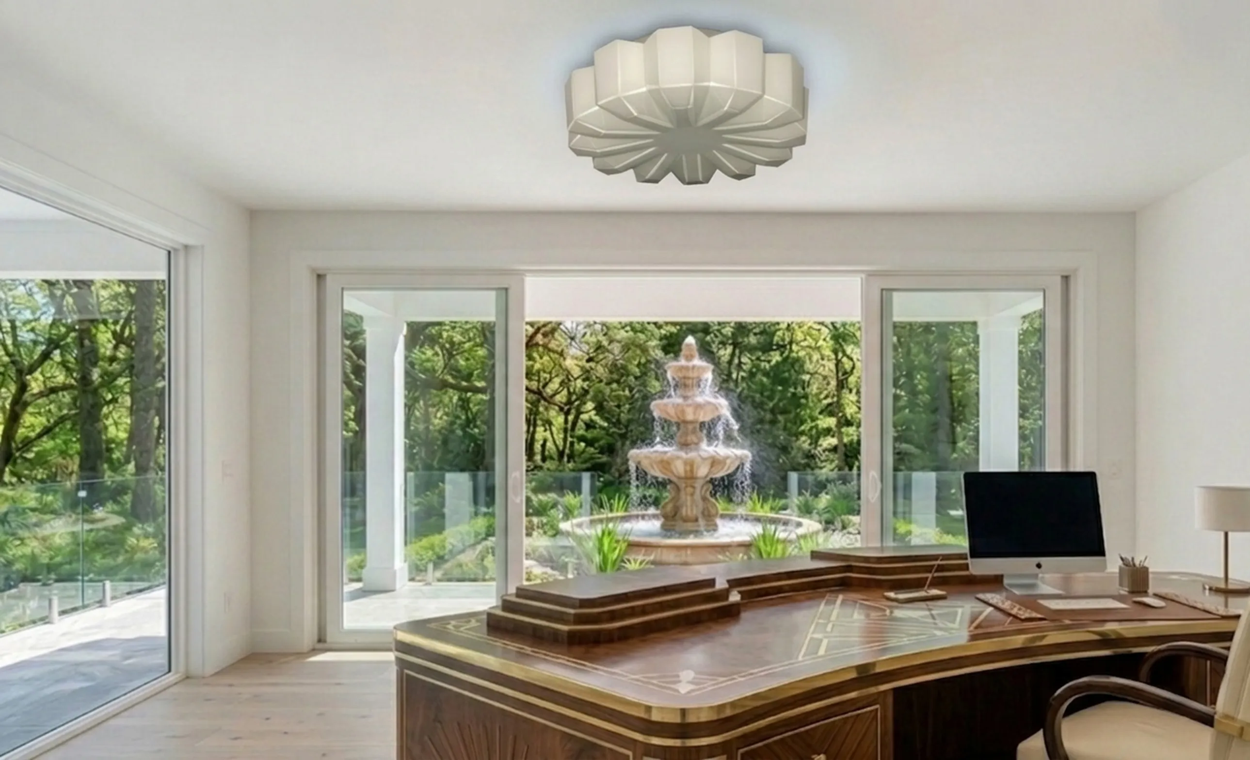 Elegant antique ceiling light in a bright room with garden view