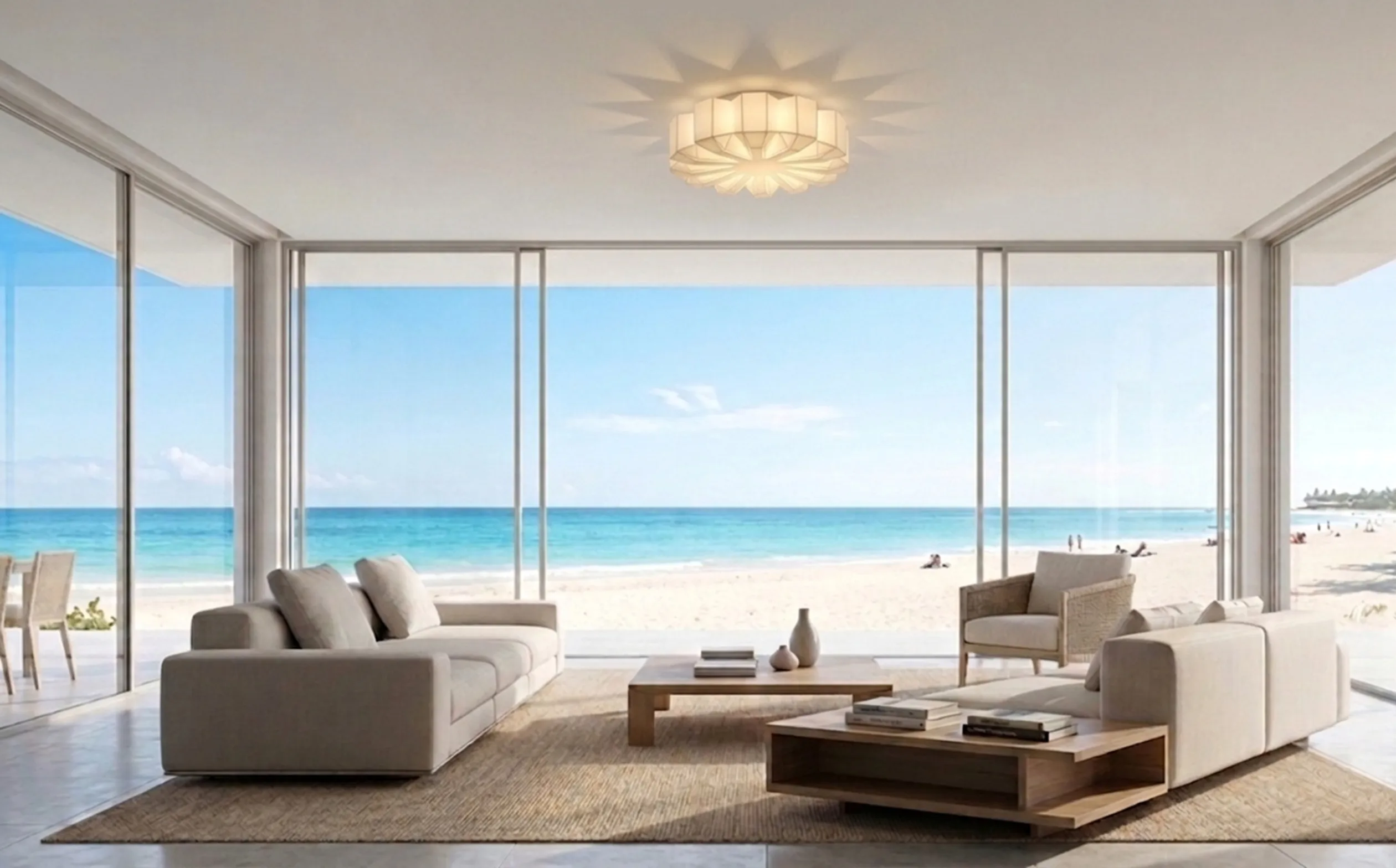 Plafonnier ancien dans une pièce avec vue sur la mer, lumière douce