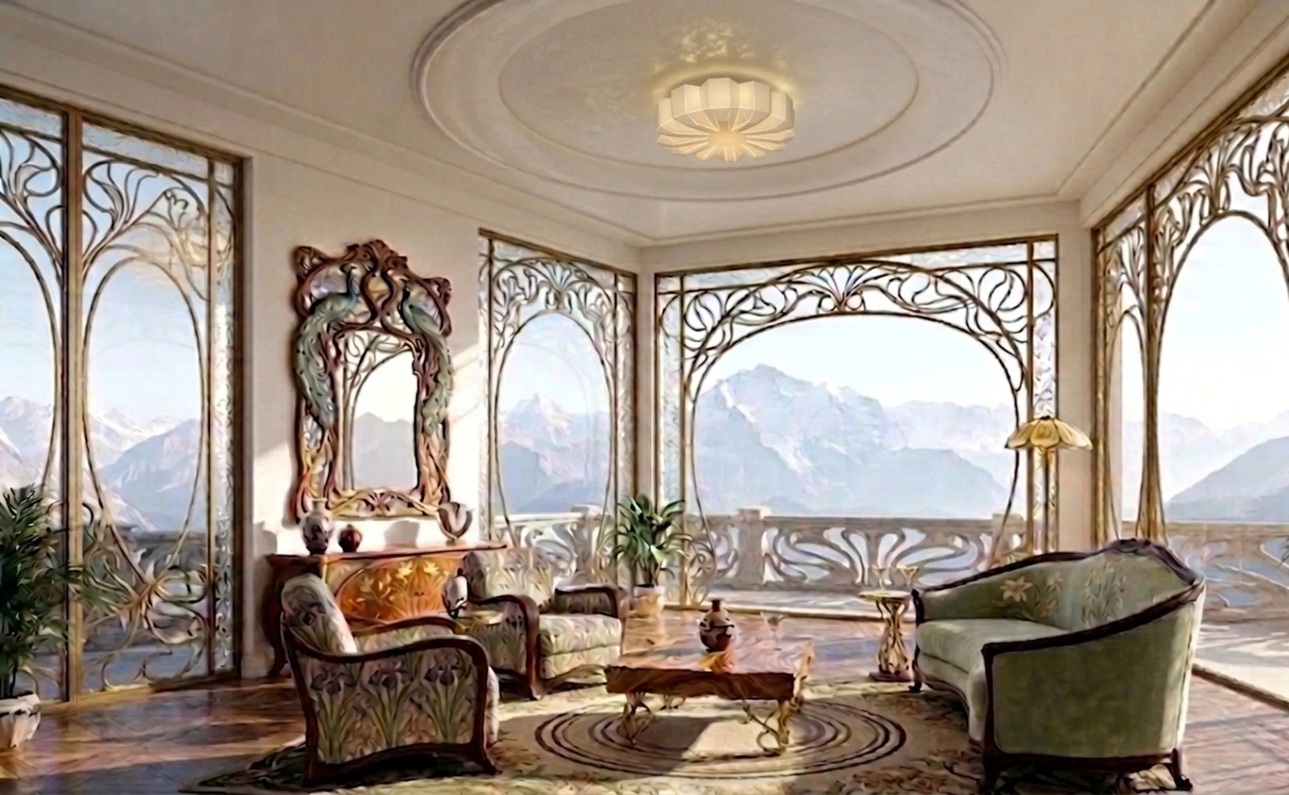 큰 창이 있는 방의 밝은 오래된 천장 조명