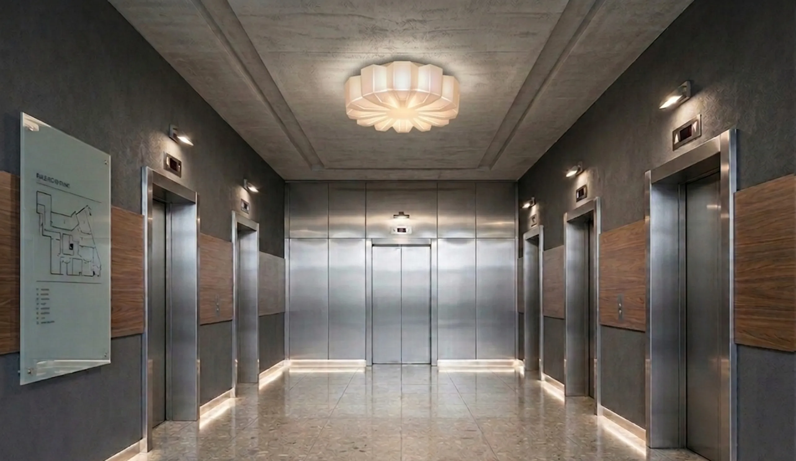 antique ceiling light in a modern hallway with elevators