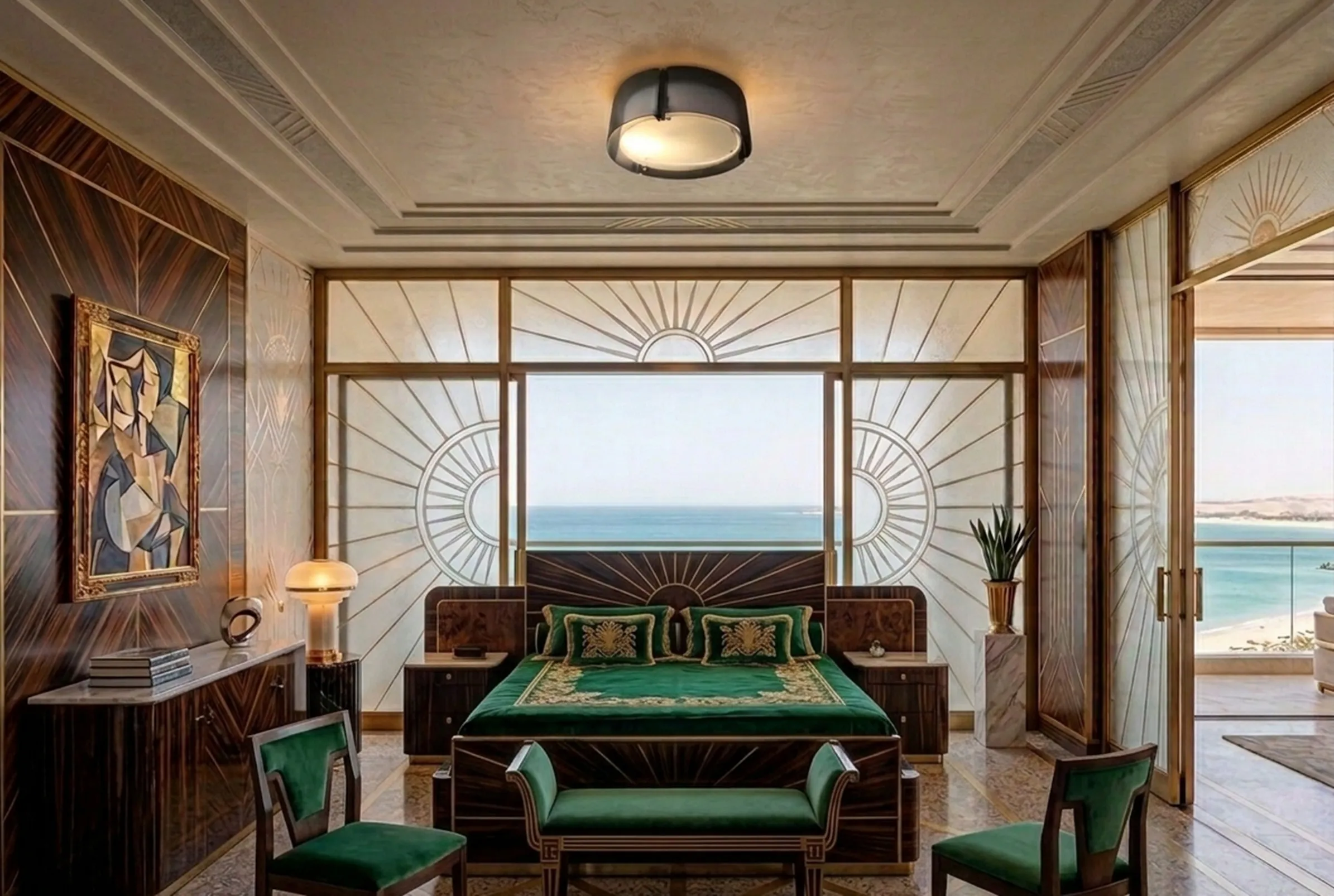 Antique ceiling light illuminating an elegant room with ocean view windows