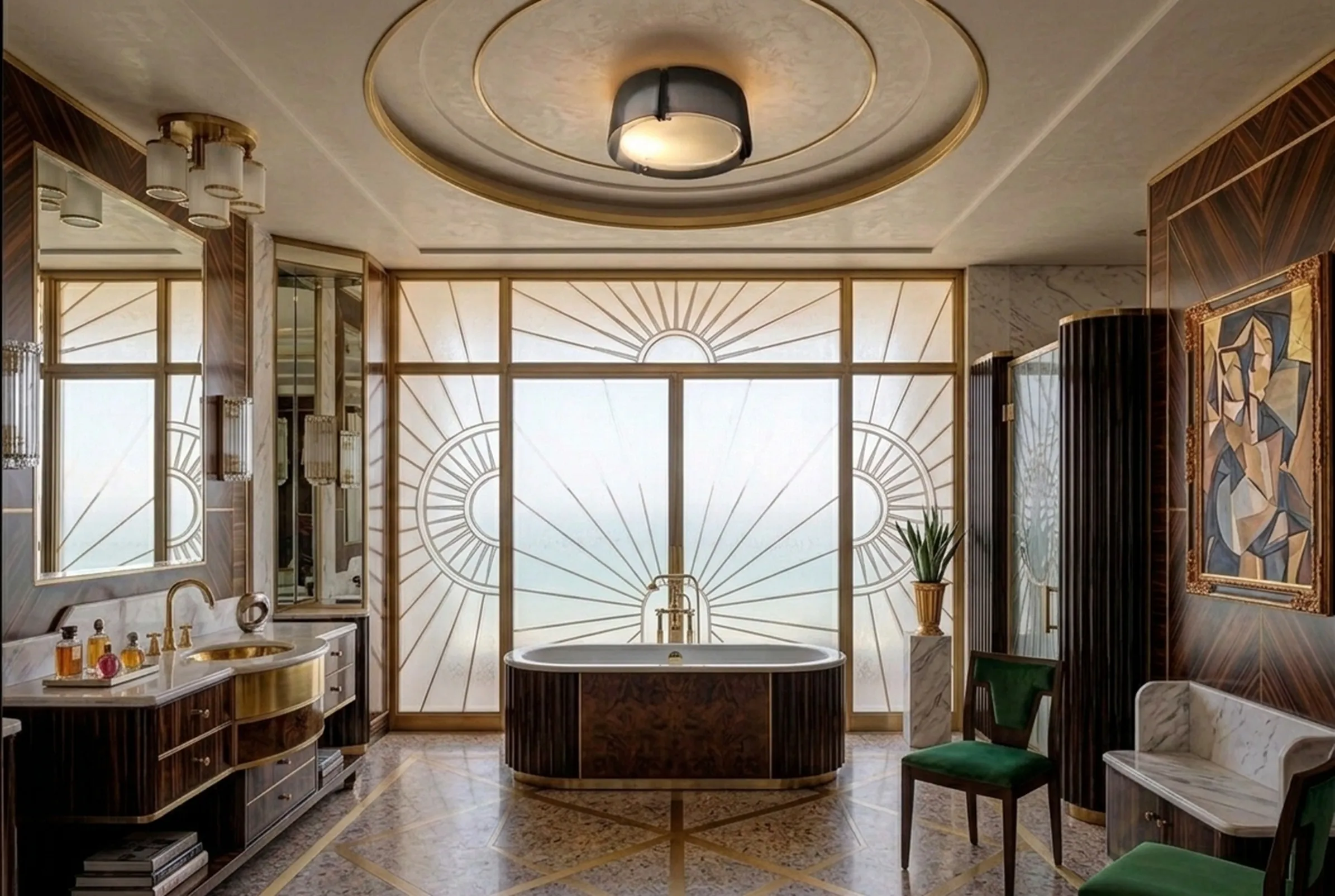 antique ceiling light installed in an elegant bathroom with window