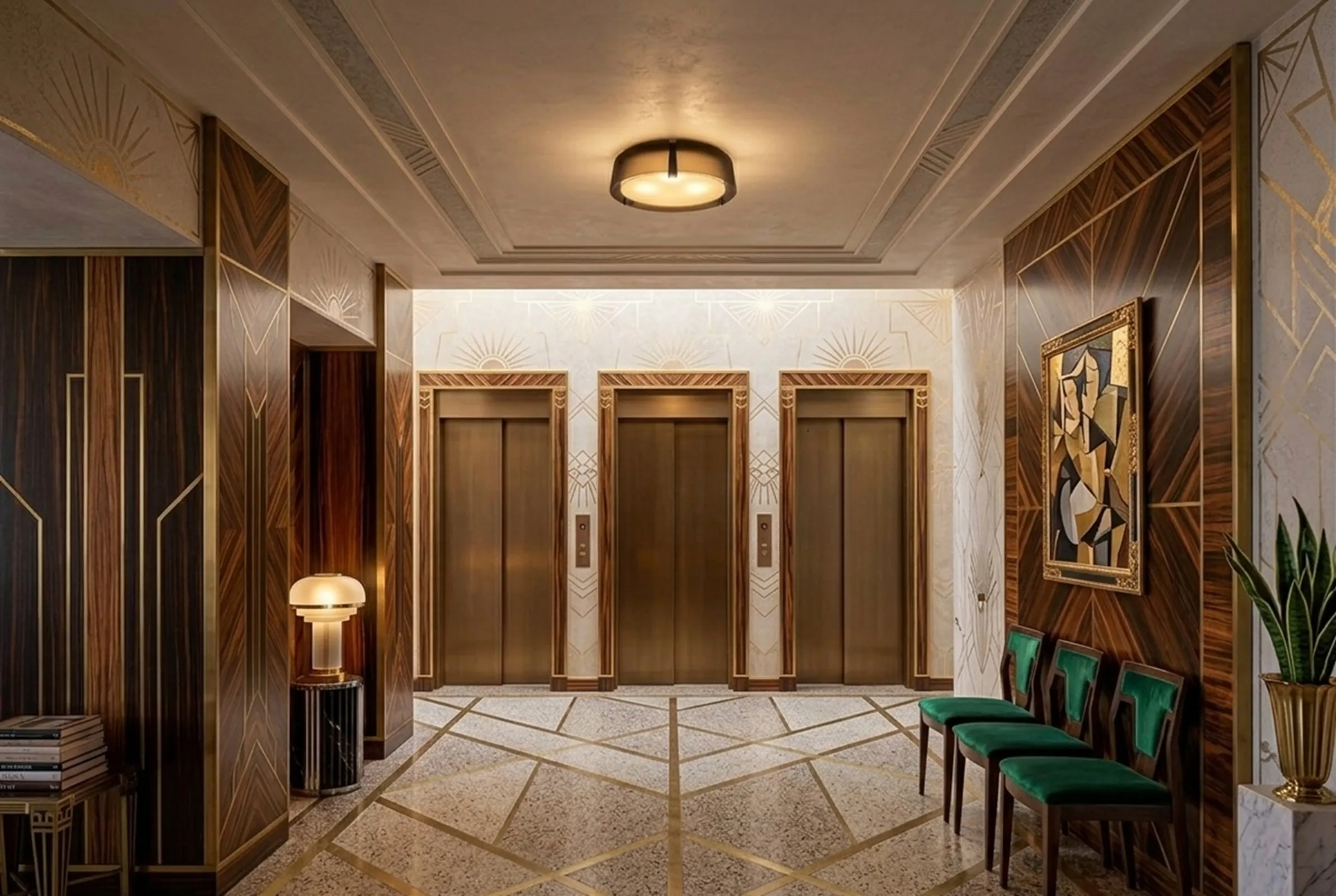 antique ceiling light illuminating an elegant lobby