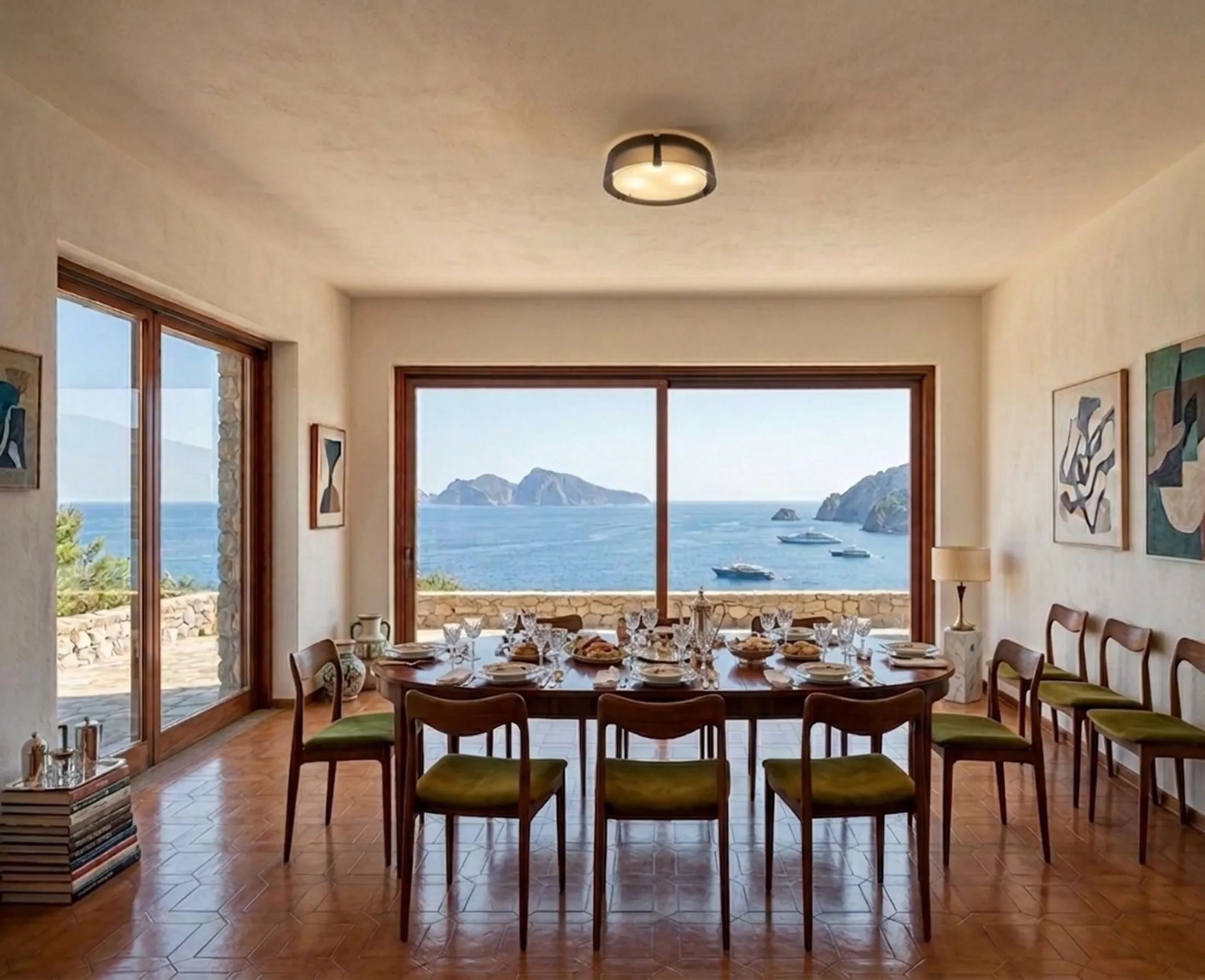 Plafonnier ancien éclairant une salle à manger avec vue sur la mer et décoration élégante.