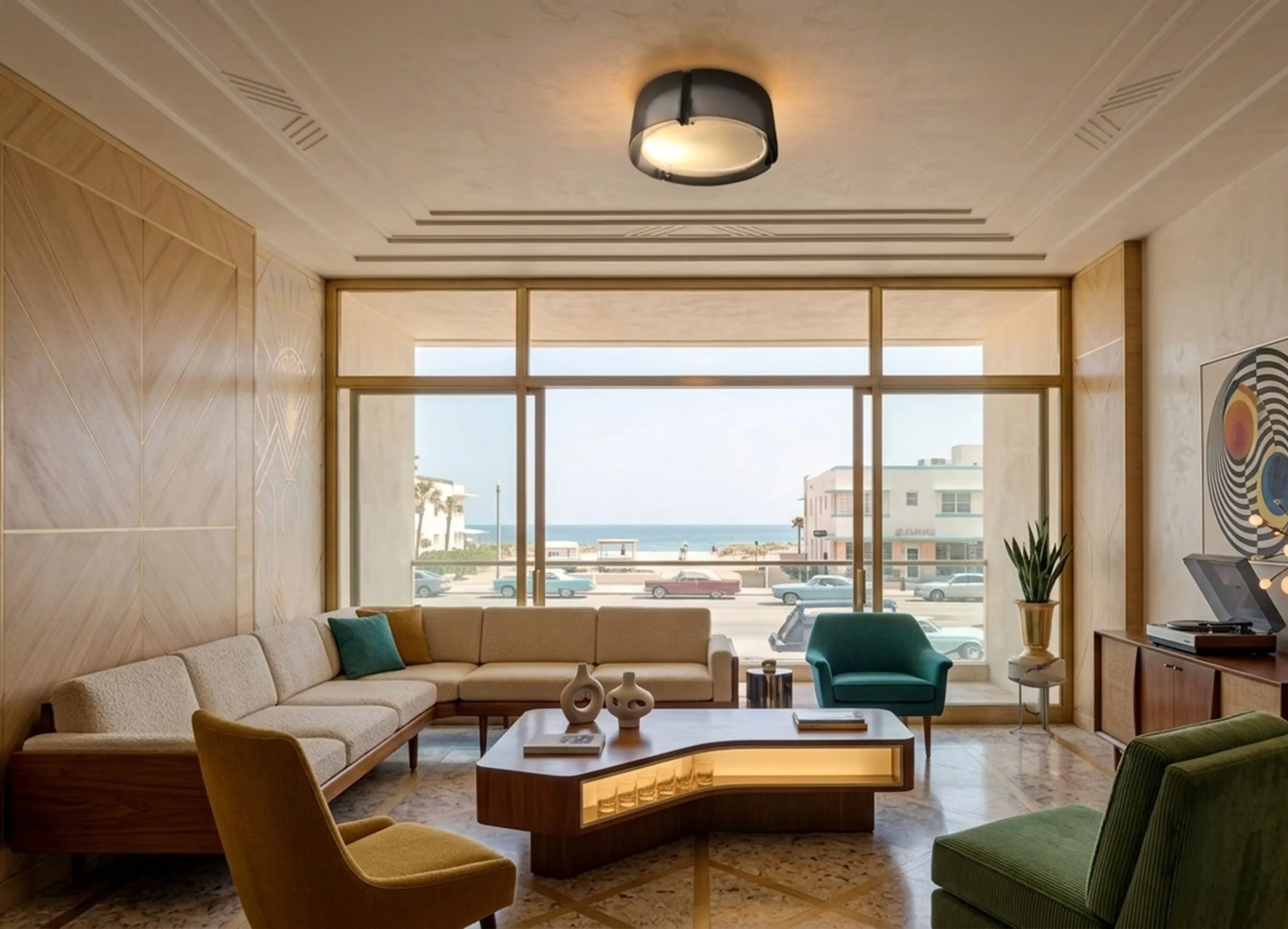 Antique ceiling light illuminating a cozy living room with ocean view