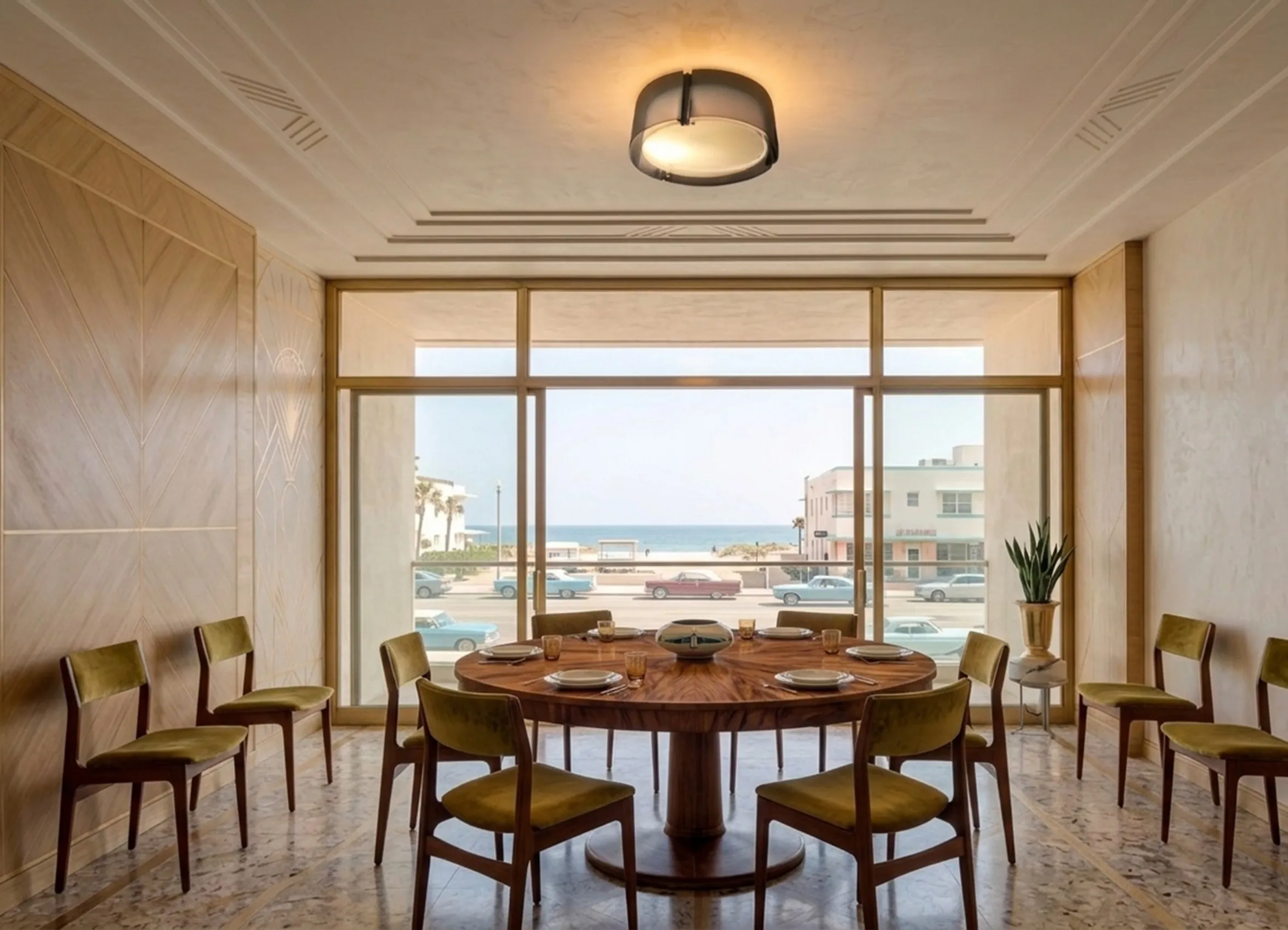 plafonnier ancien éclairant une salle moderne avec vue sur la mer