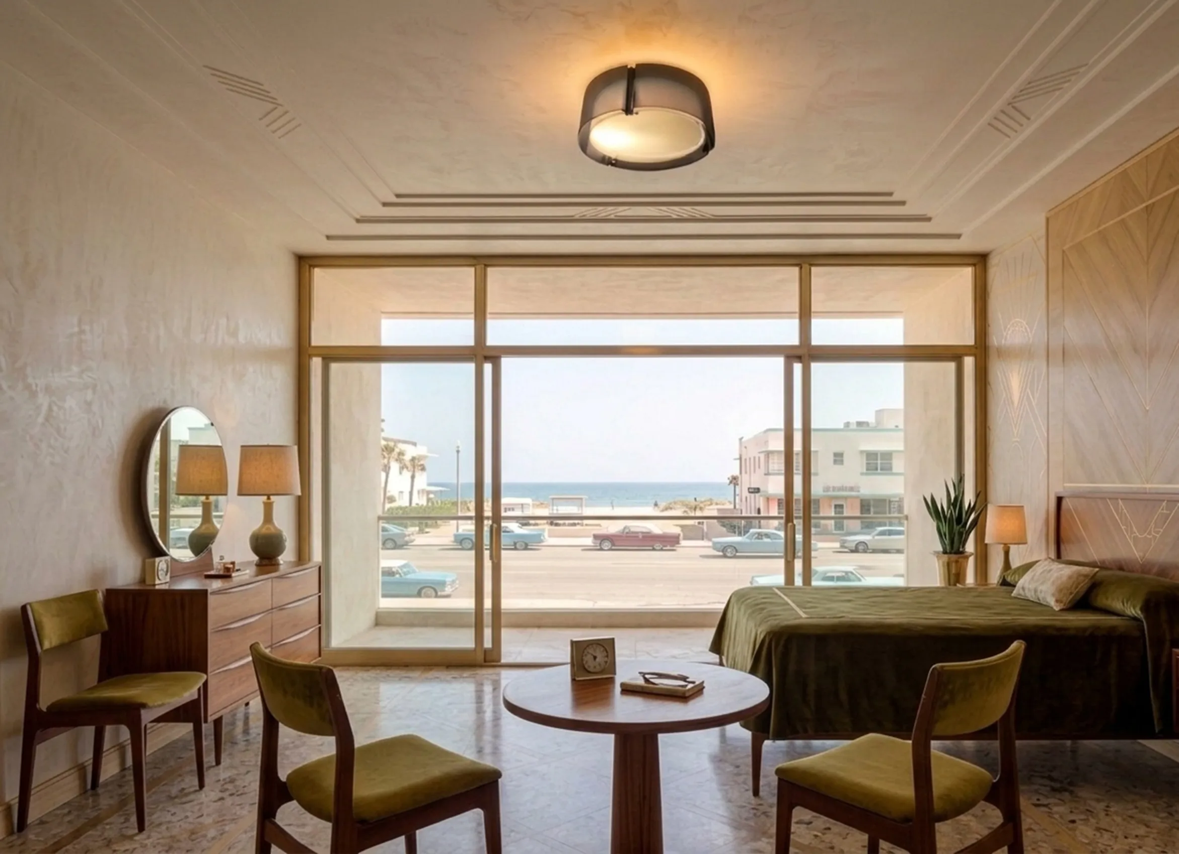 plafonnier ancien éclairant une chambre moderne