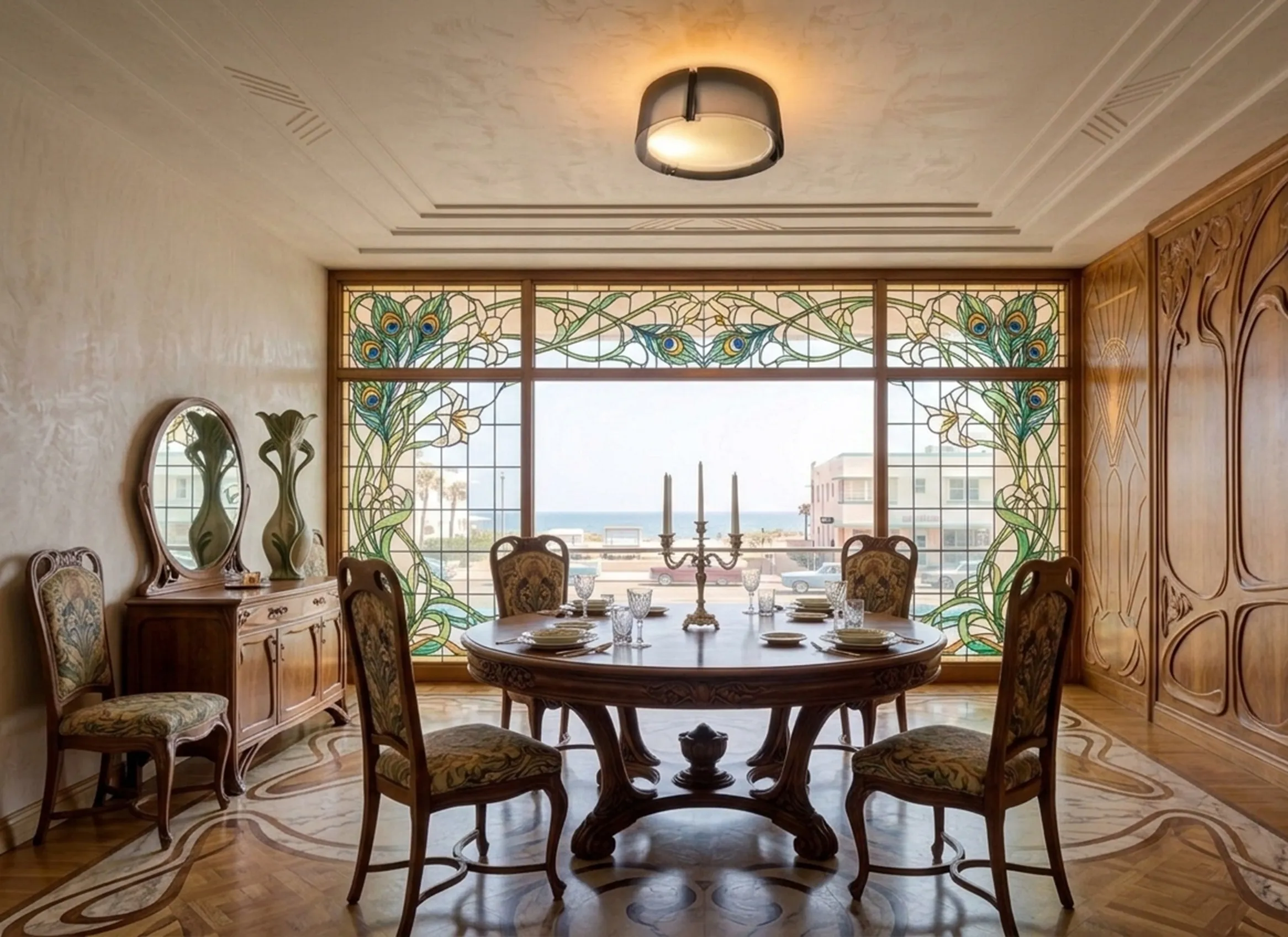 luz de teto antiga iluminando uma sala de jantar elegante com móveis clássicos