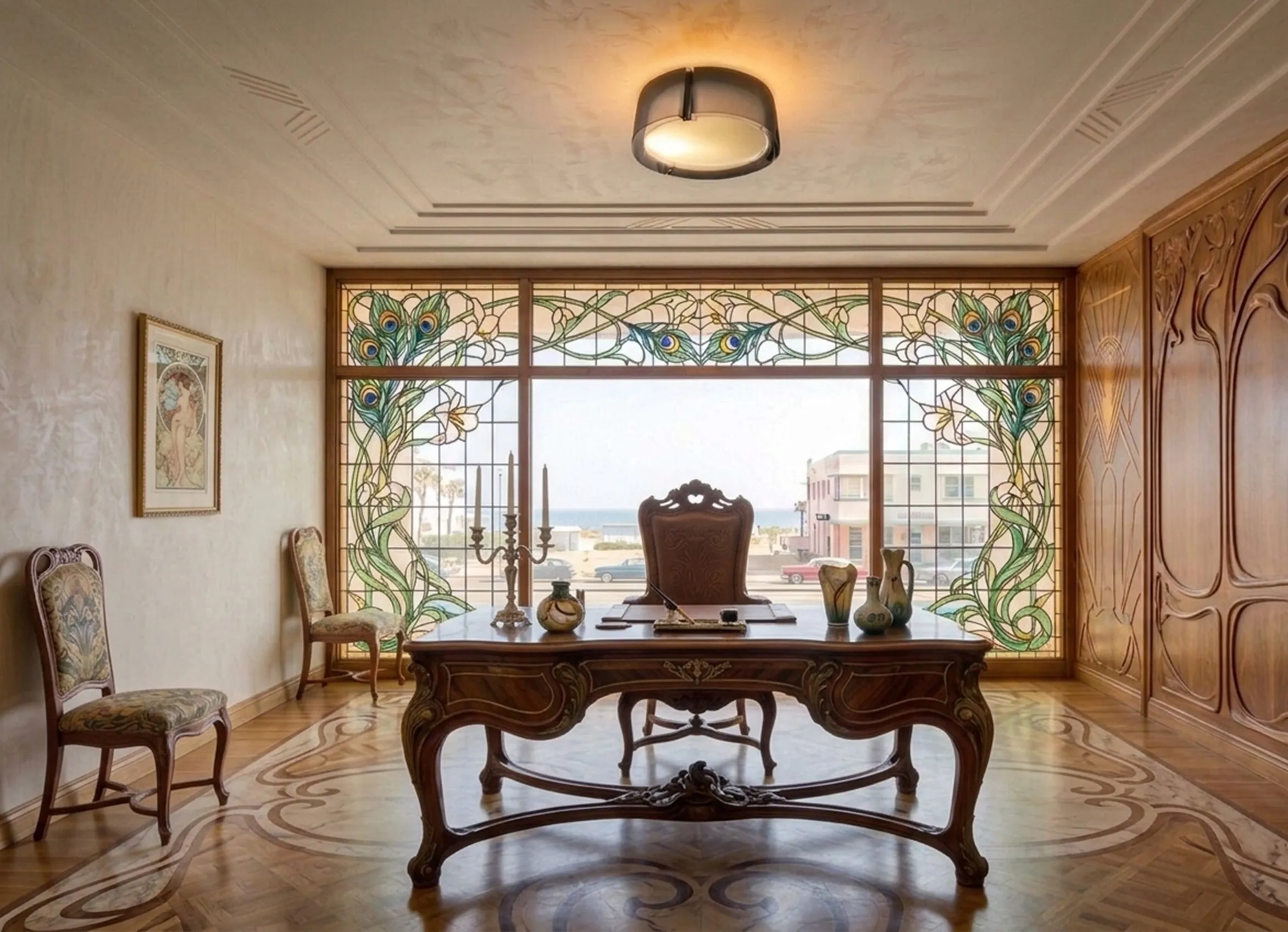 antique ceiling light illuminating an elegant office with colorful stained glass windows