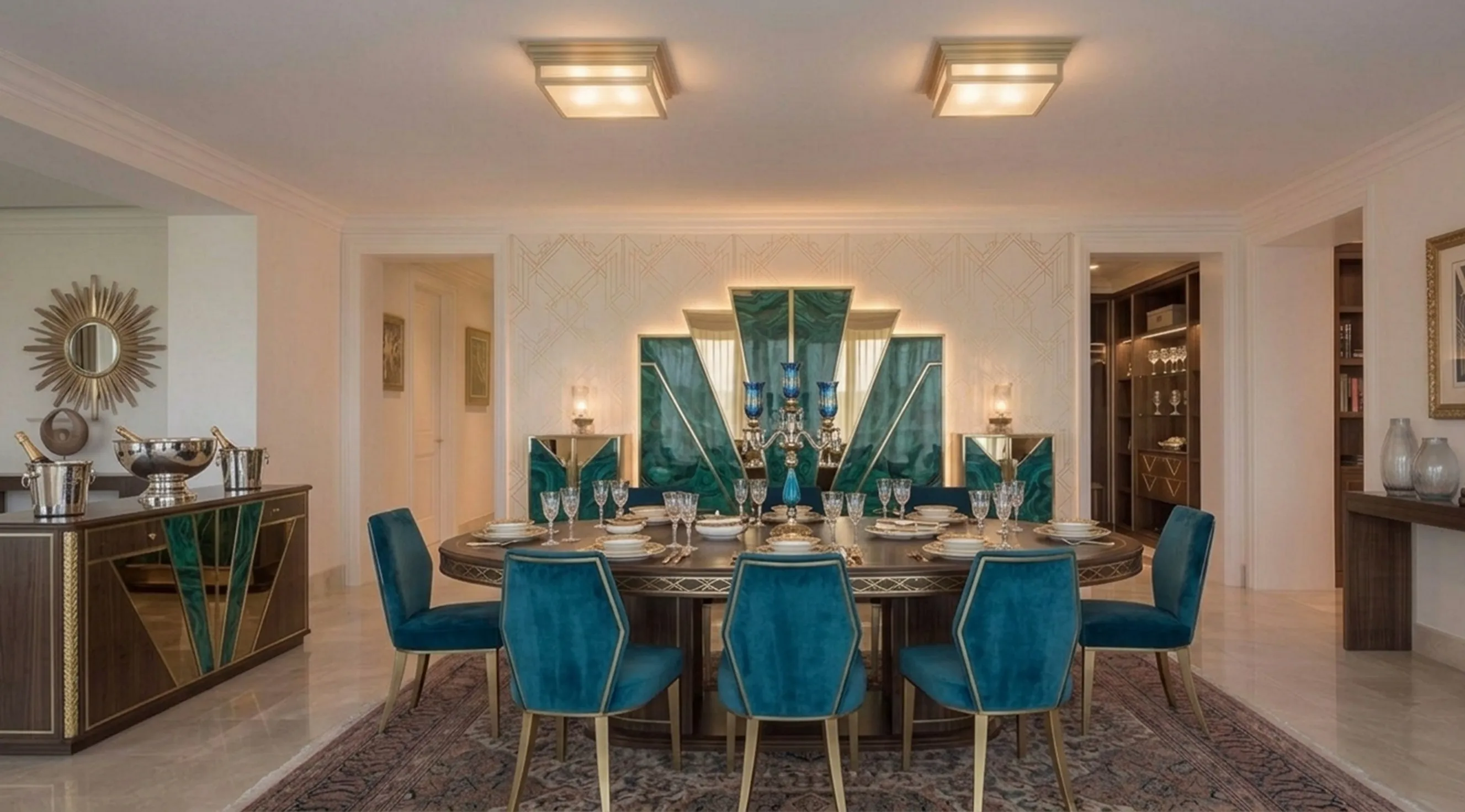Two antique ceiling lights in an elegant dining room with a round table and blue chairs