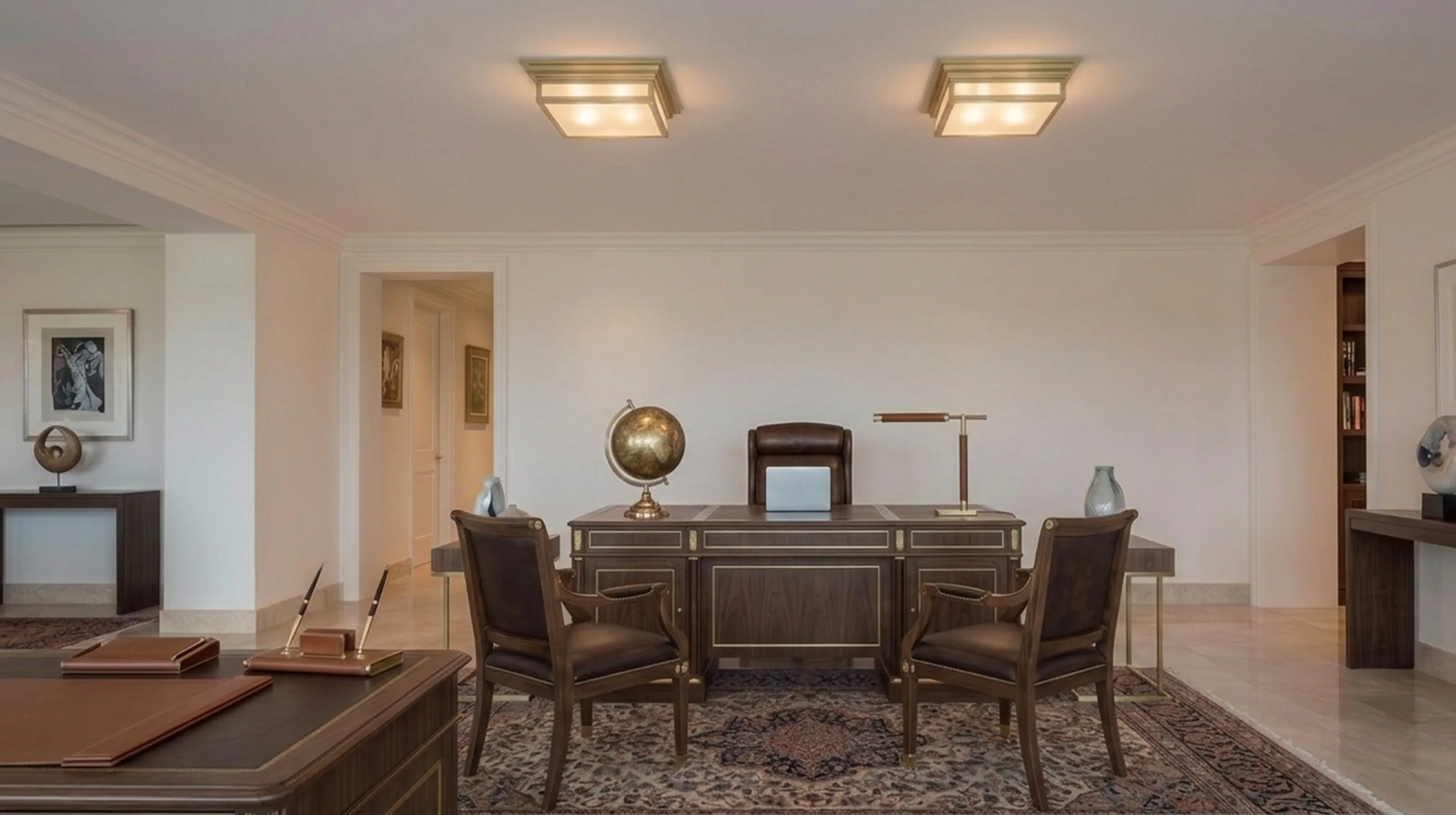 iluminación de techo con diseño antiguo en una oficina elegante, incluye escritorio y silla