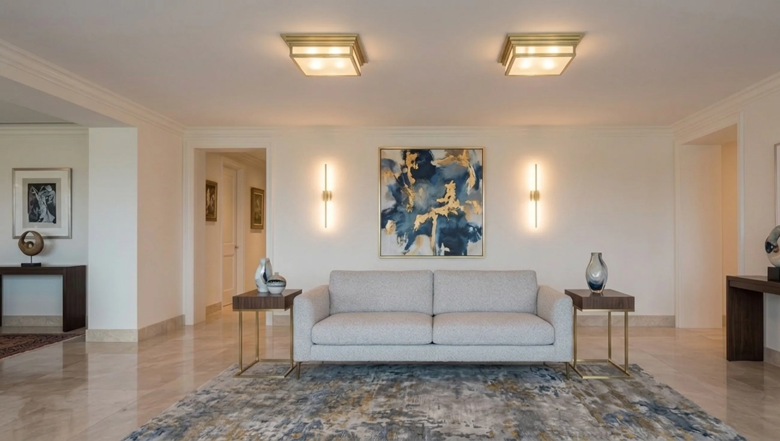 Zwei antike Deckenleuchten in einem modernen Wohnzimmer mit Sofa