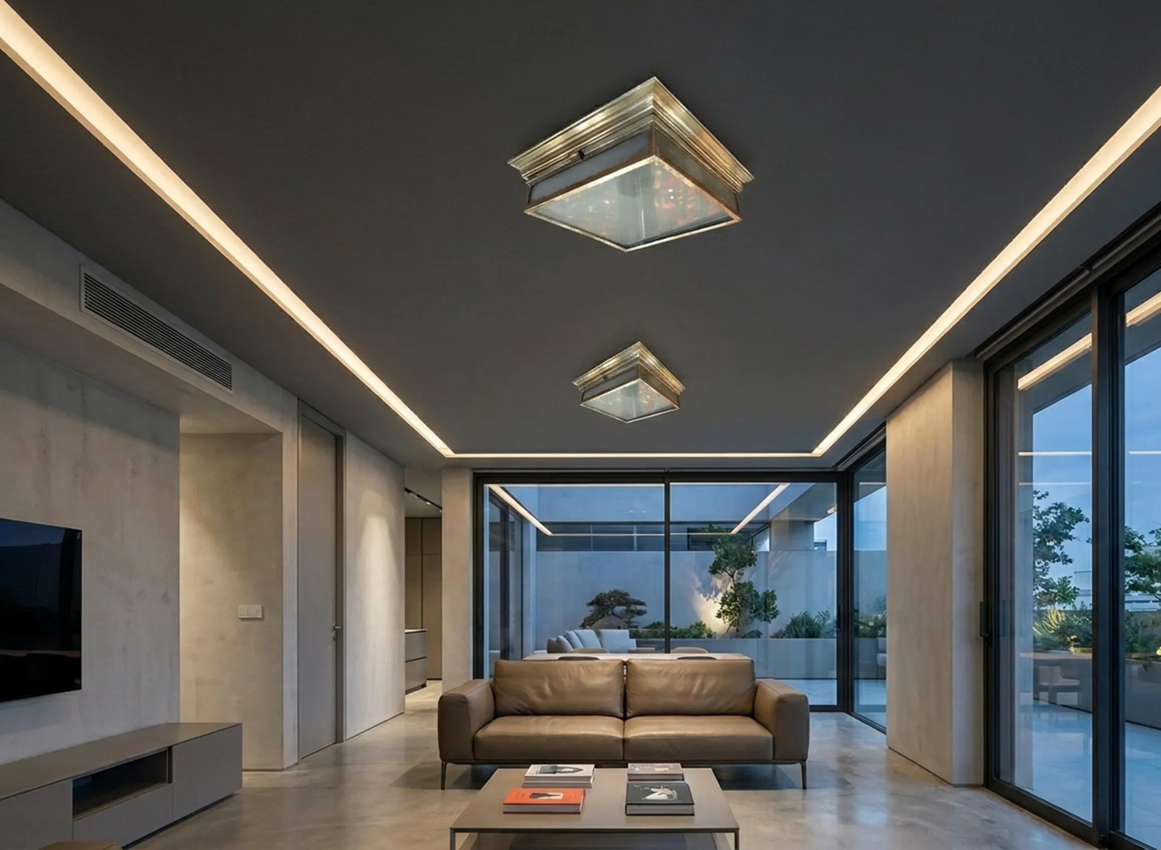 明るい部屋にある古いシーリングライト2台の視点