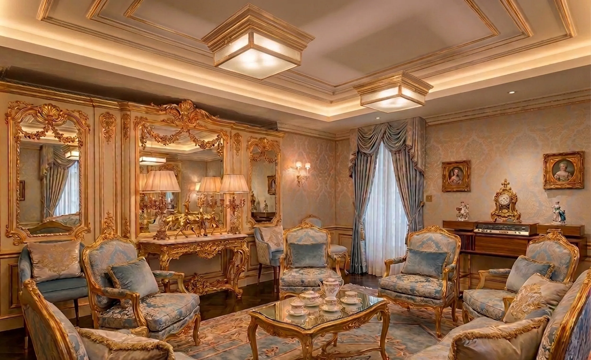 2 antique ceiling lights, classic style, in a luxury living room