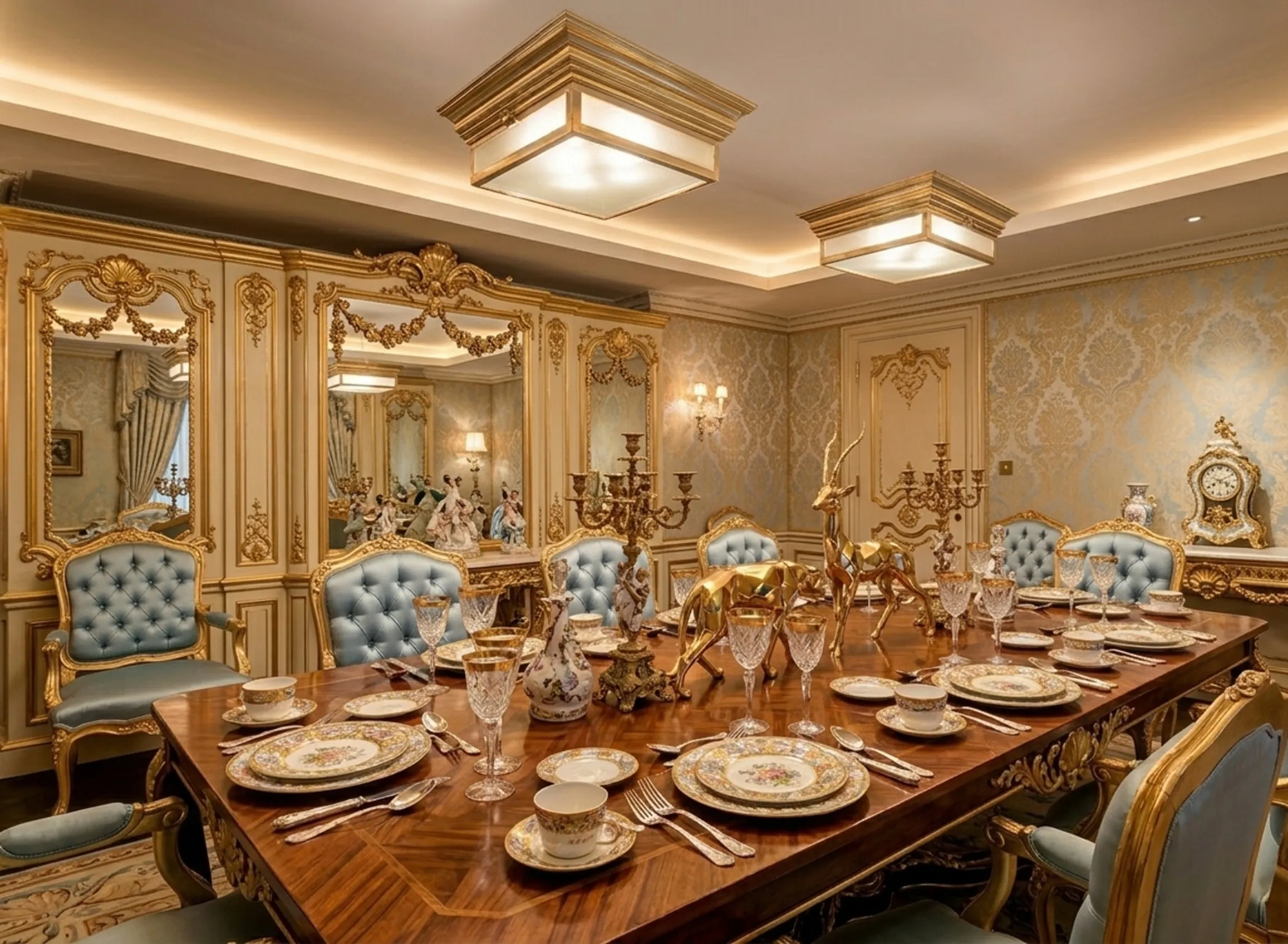 Two antique ceiling lights illuminating a stylish dining room