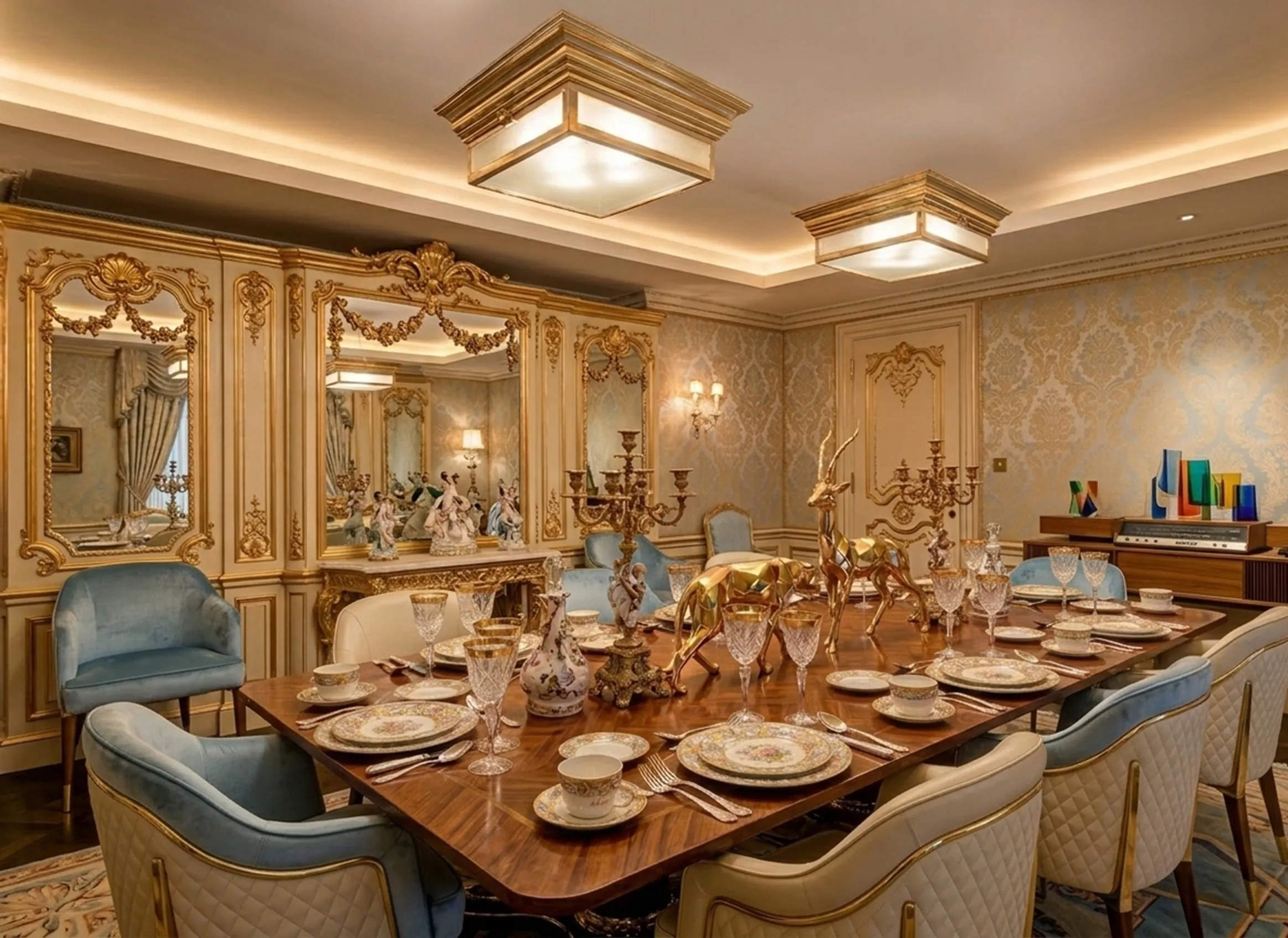 Due plafoniere antiche illuminano una bella sala da pranzo con dettagli lussuosi.