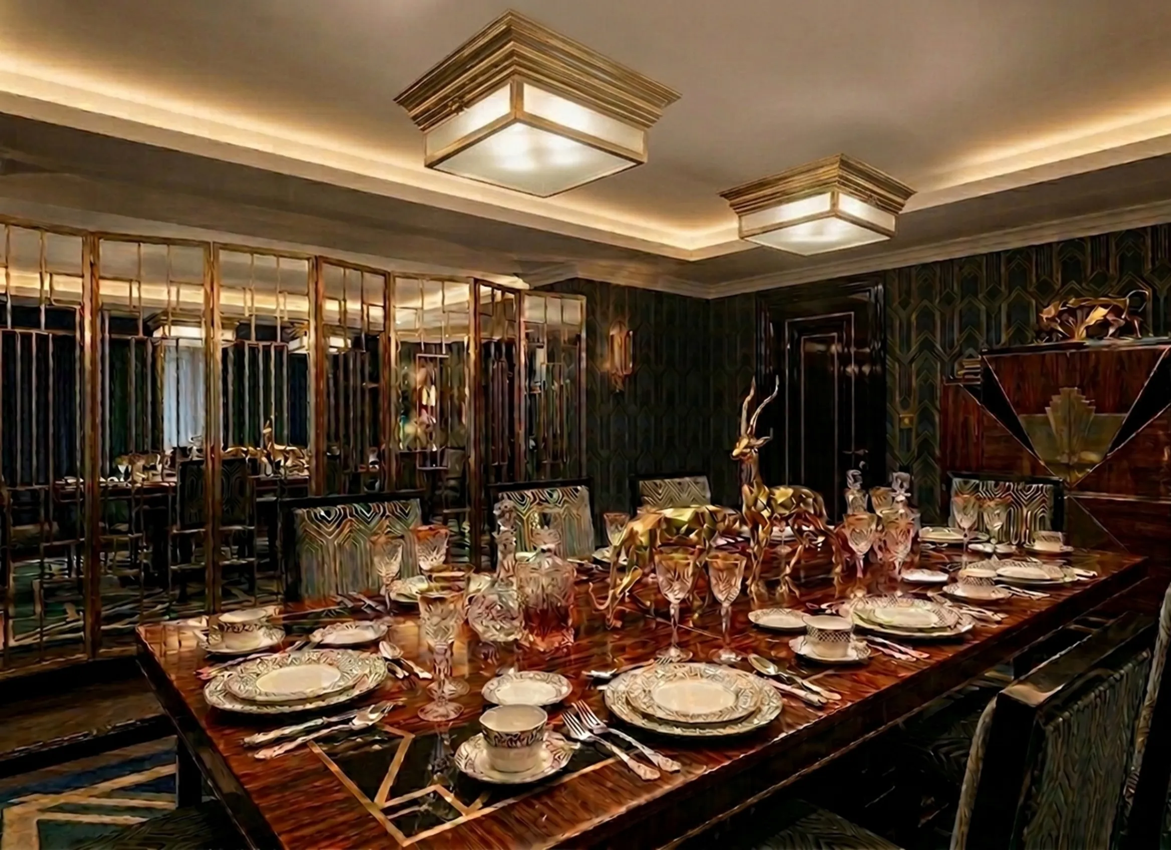 Zwei antike Deckenleuchten in einem eleganten Esszimmer